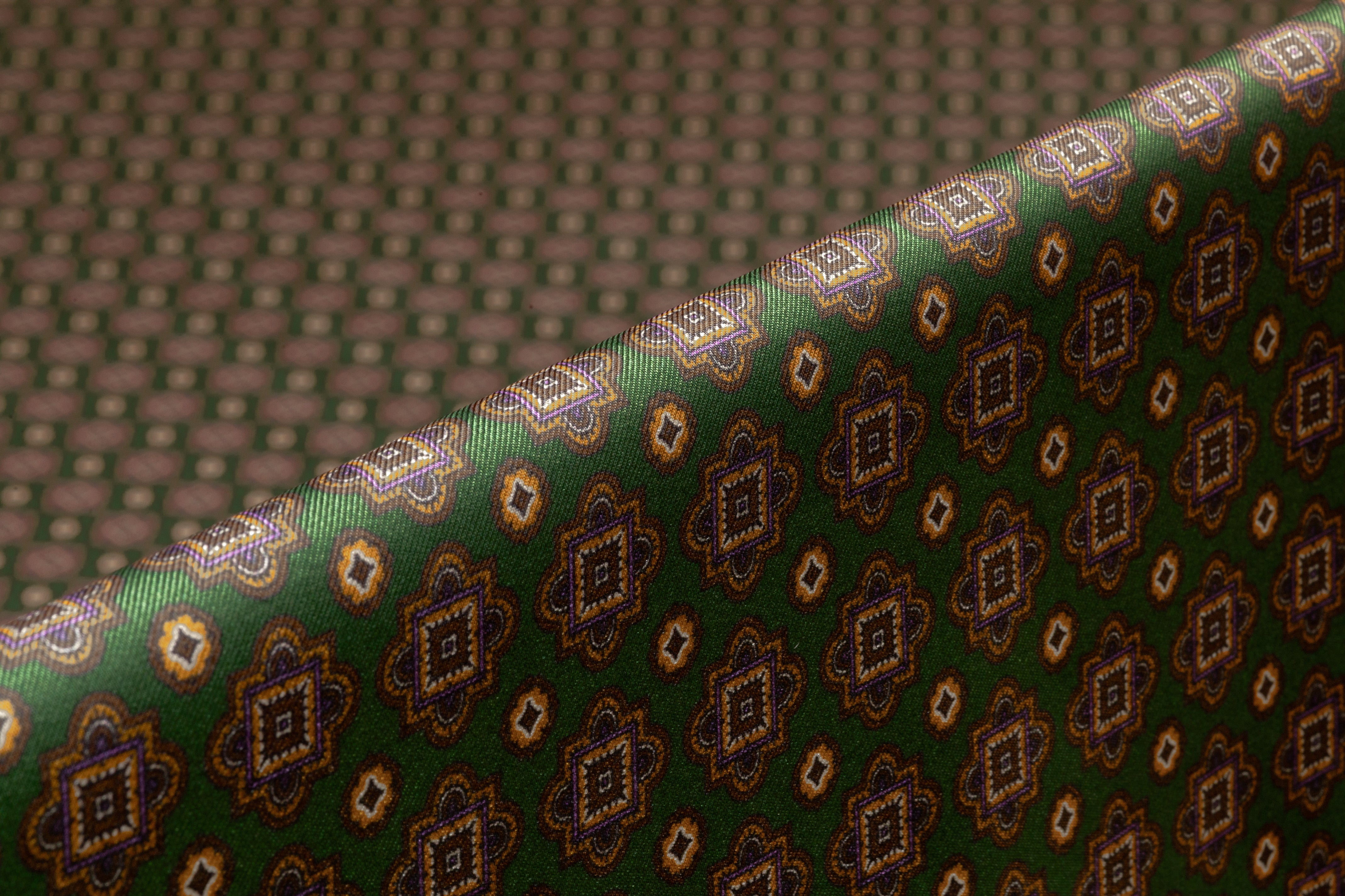 Foulard Medallion Italian Silk Twill - Green / Purple / Brown