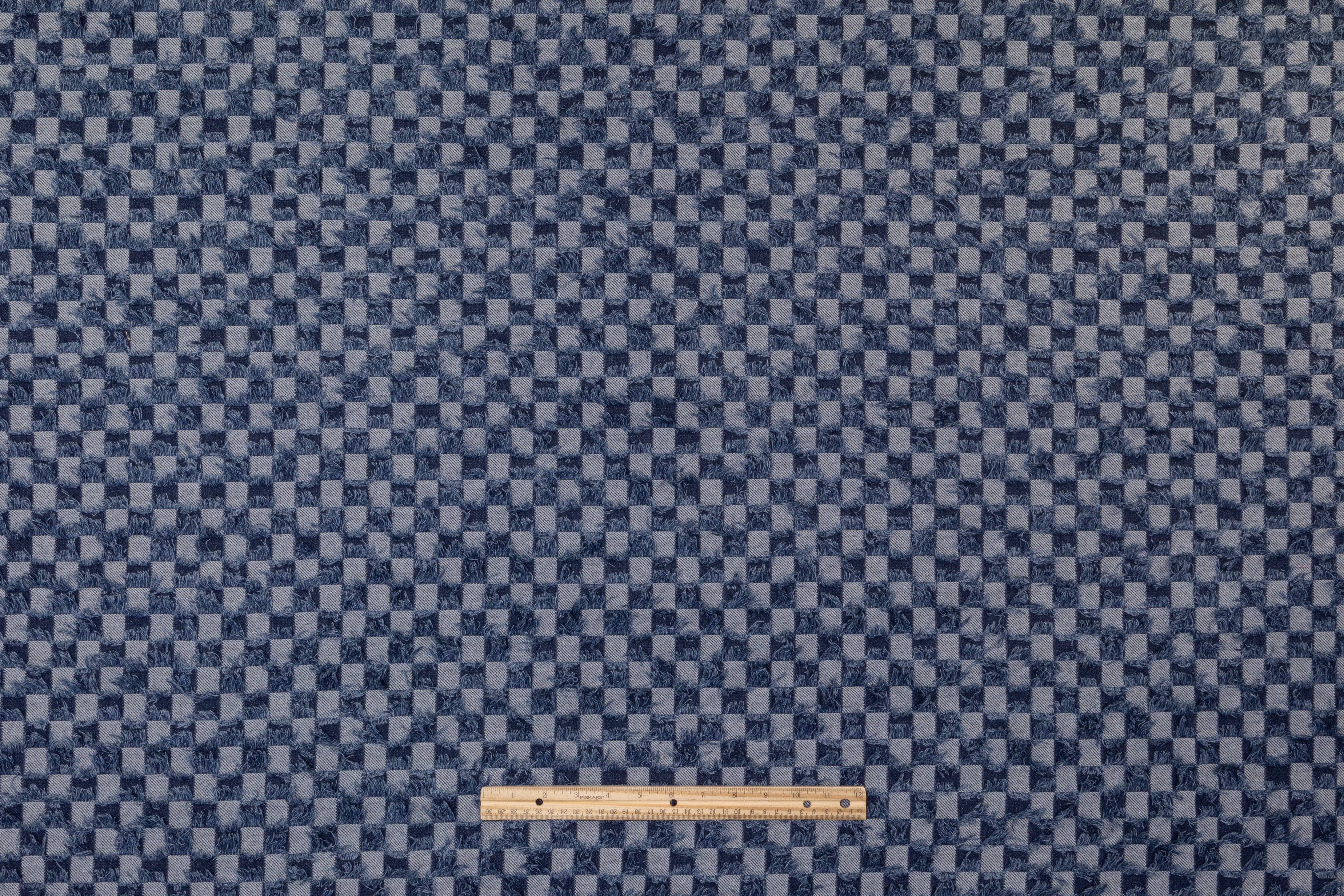 Fringed Checked Italian Denim - Blue