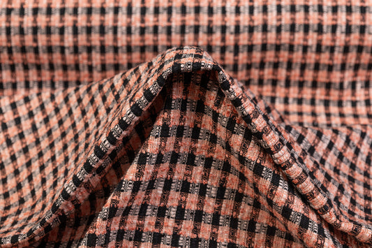 Checked Wool Blend Tweed Boucle - Peach / Black
