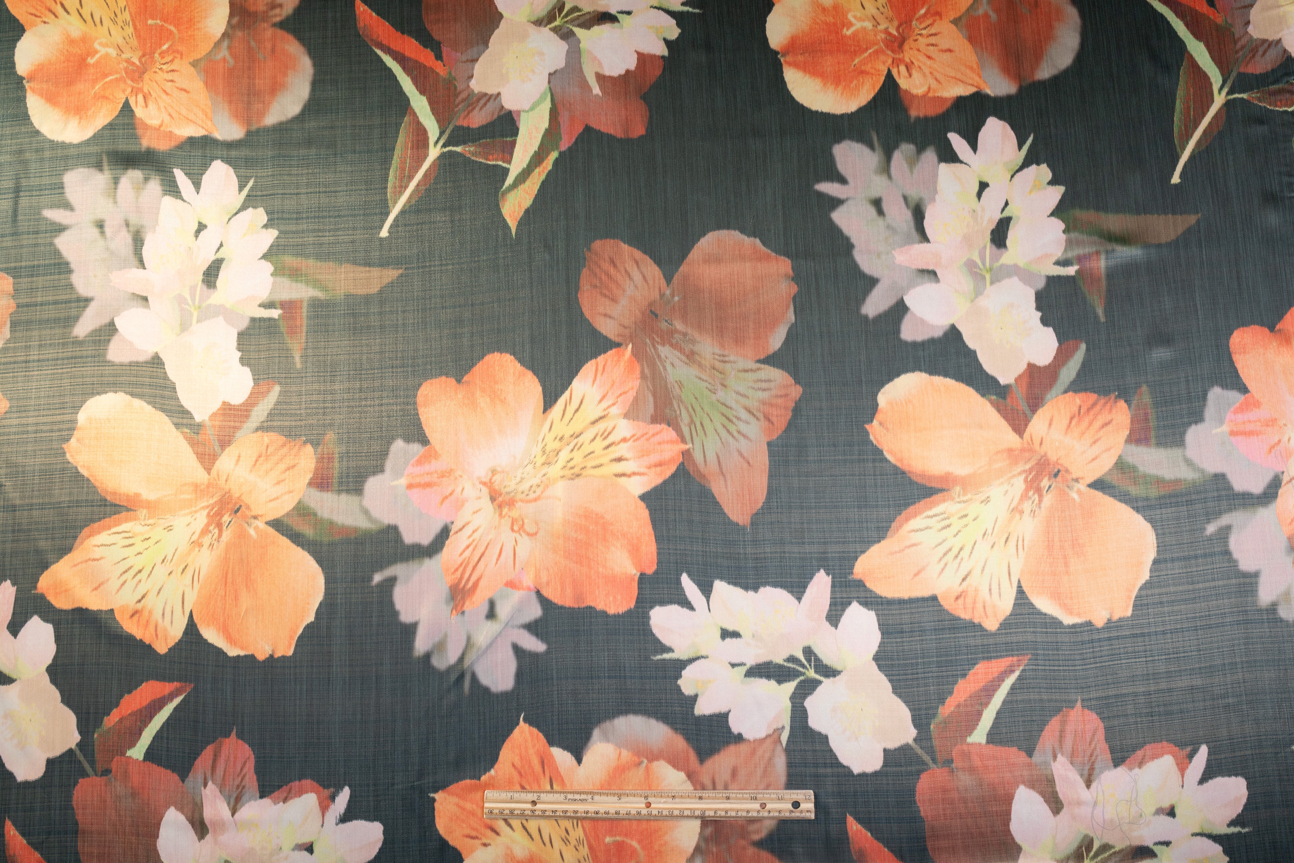 Floral Metallic Italian Chiné - Peach / Blush / Gunmetal Green