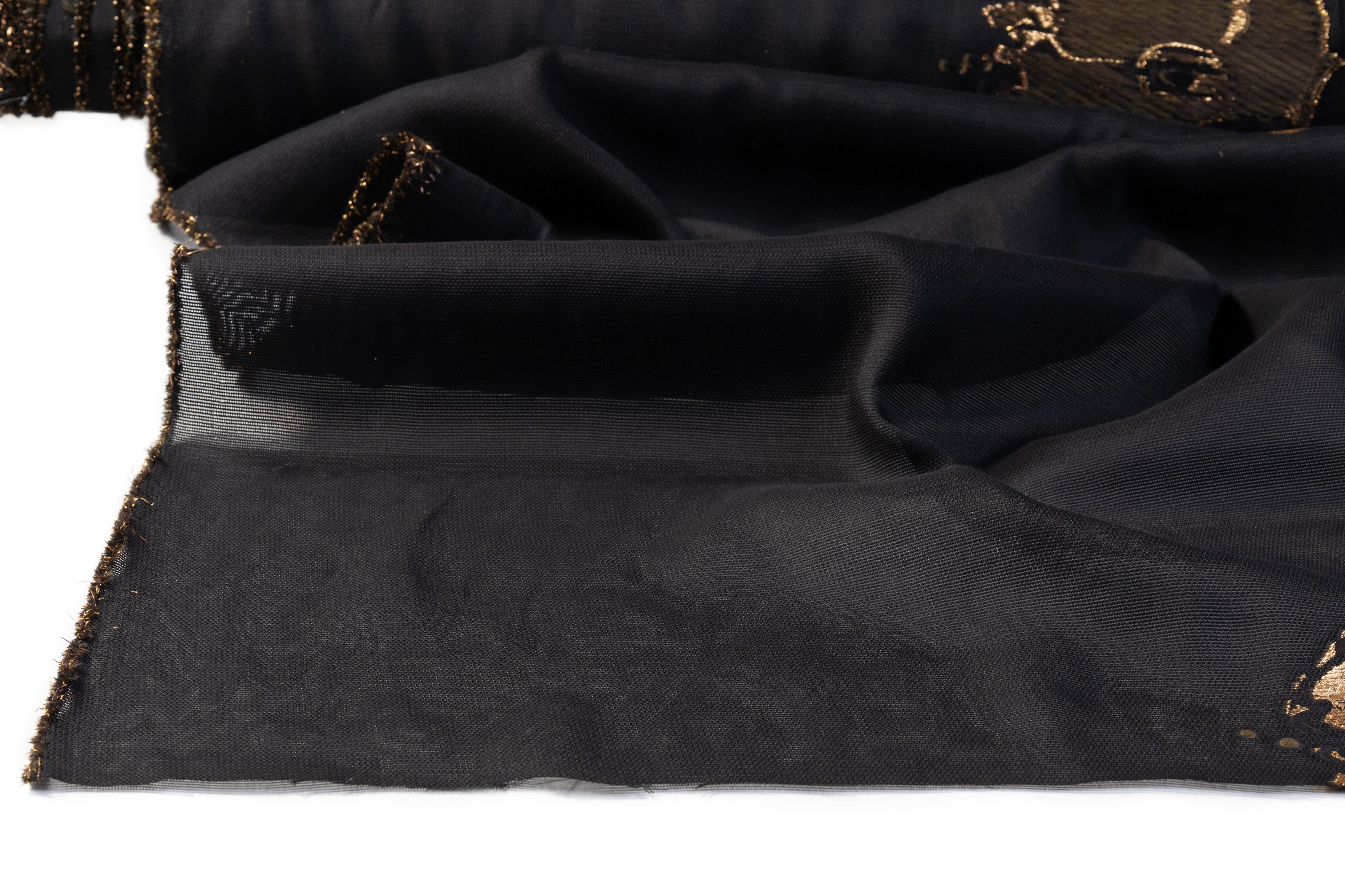 Border Floral Metallic Italian Silk Blend Brocade - Black / Gold