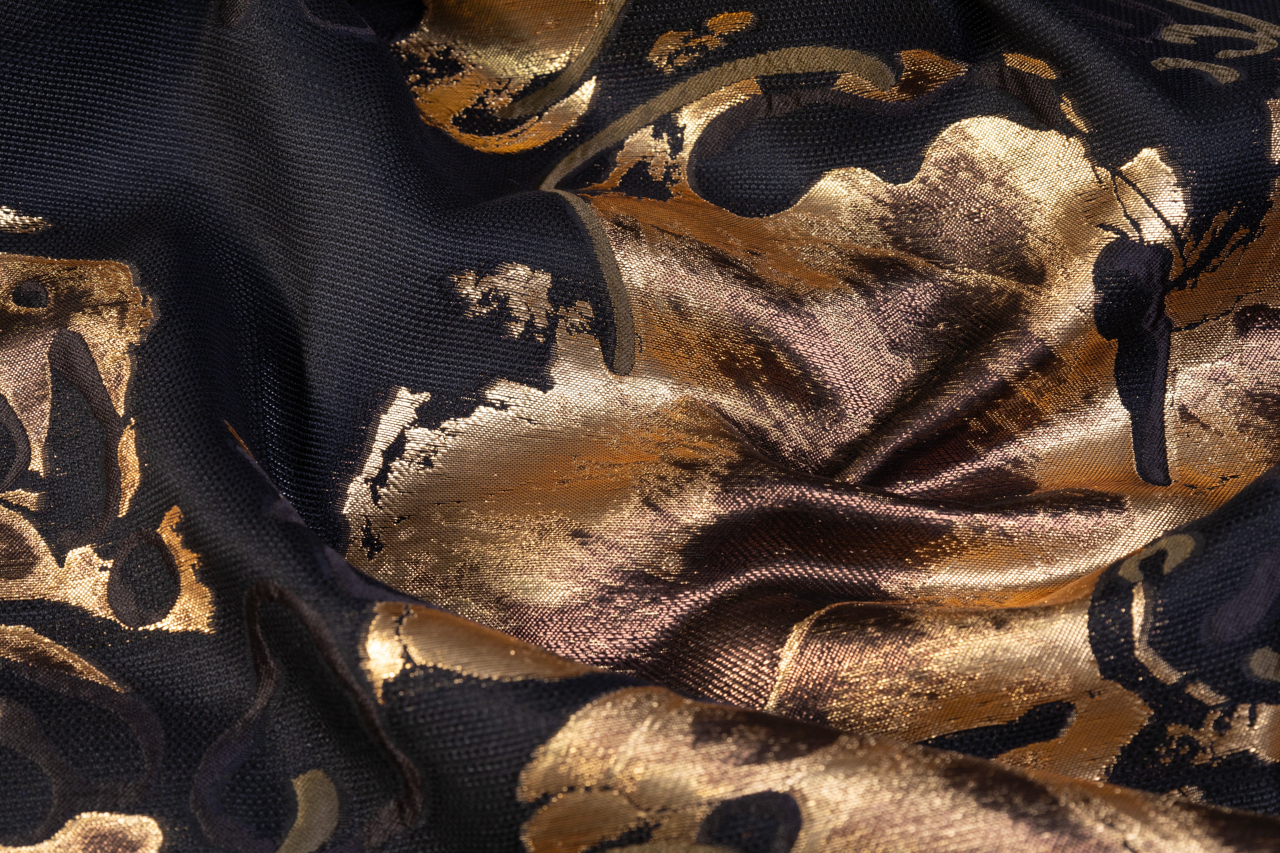 Border Floral Metallic Italian Silk Blend Brocade - Black / Gold