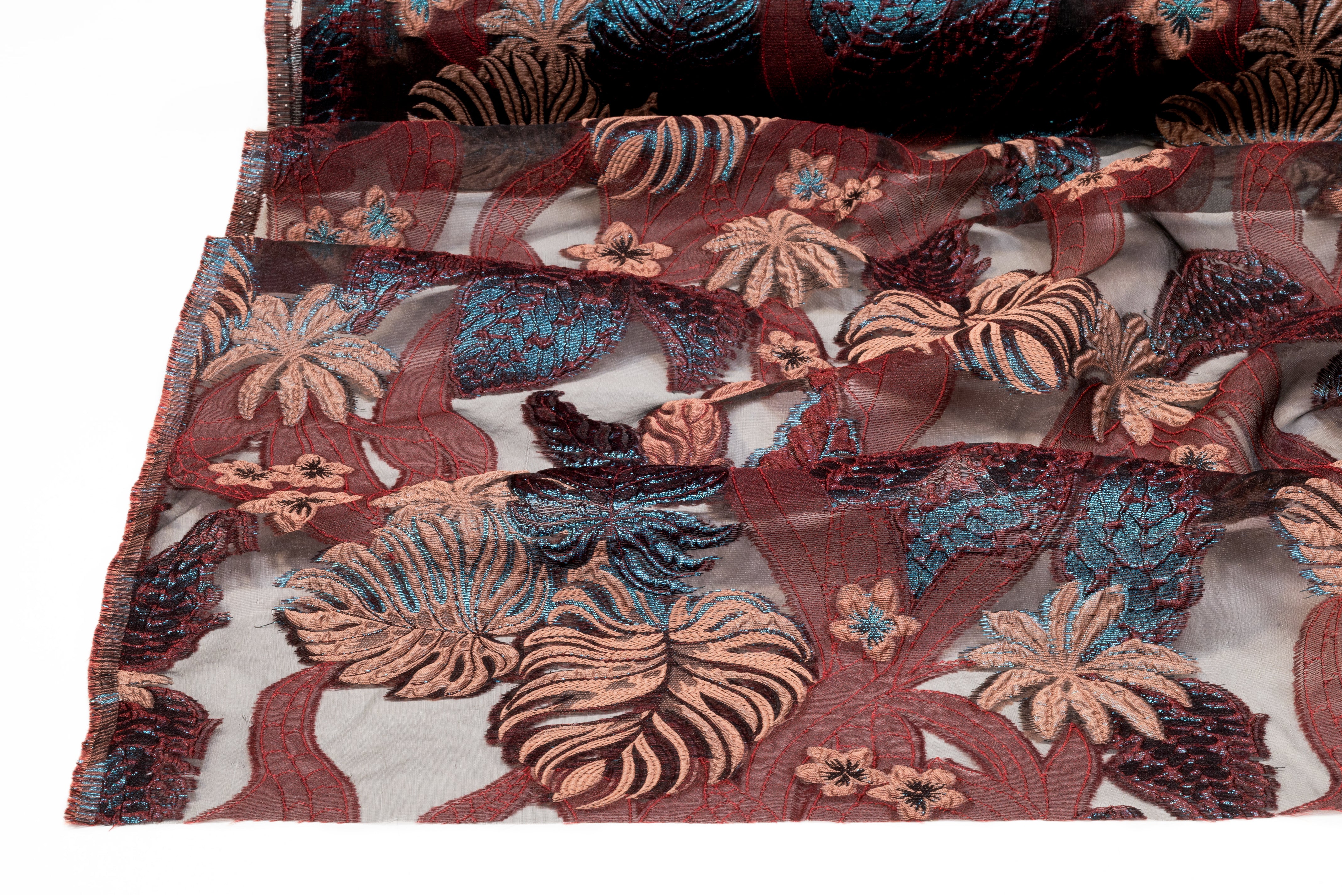 Floral Metallic Italian Organza Fil Coupé - Burgundy / Black / Blue