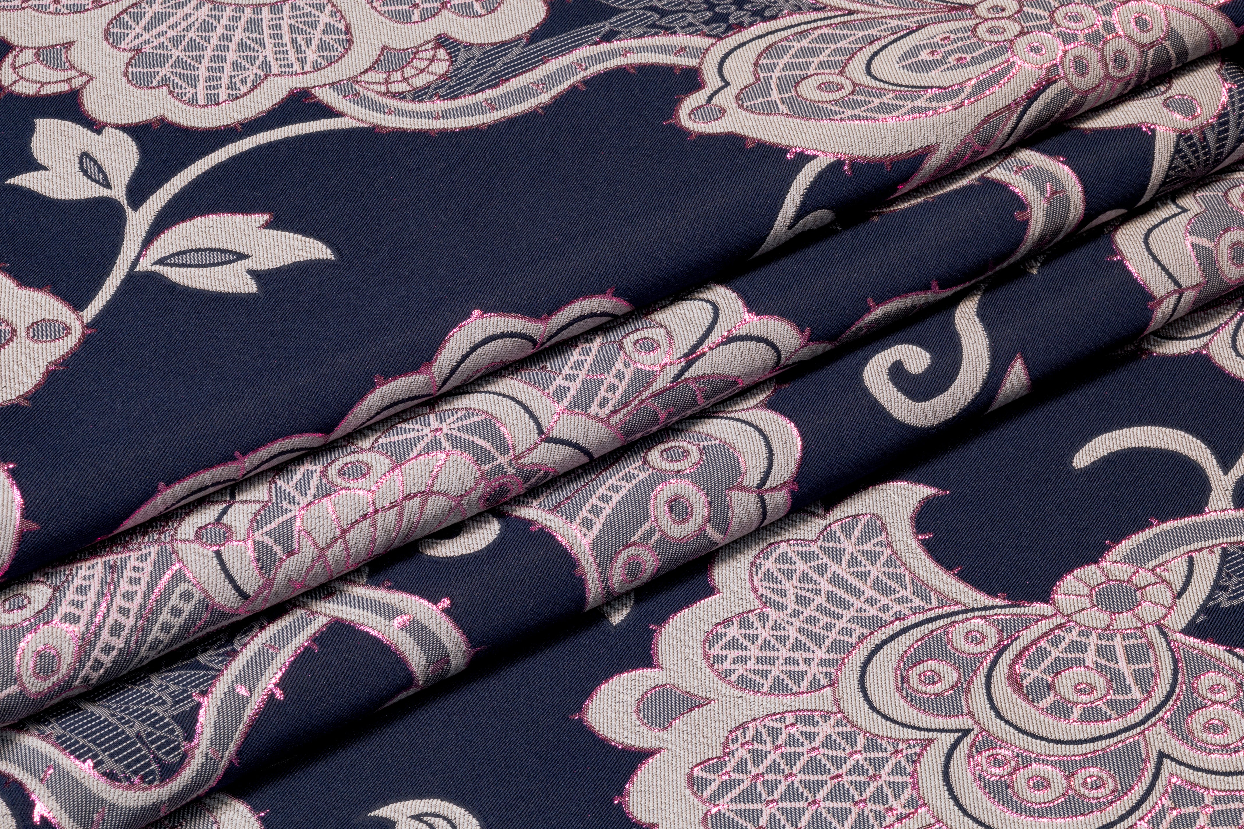 Floral Metallic Italian Brocade - Navy / Gray / Fuchsia