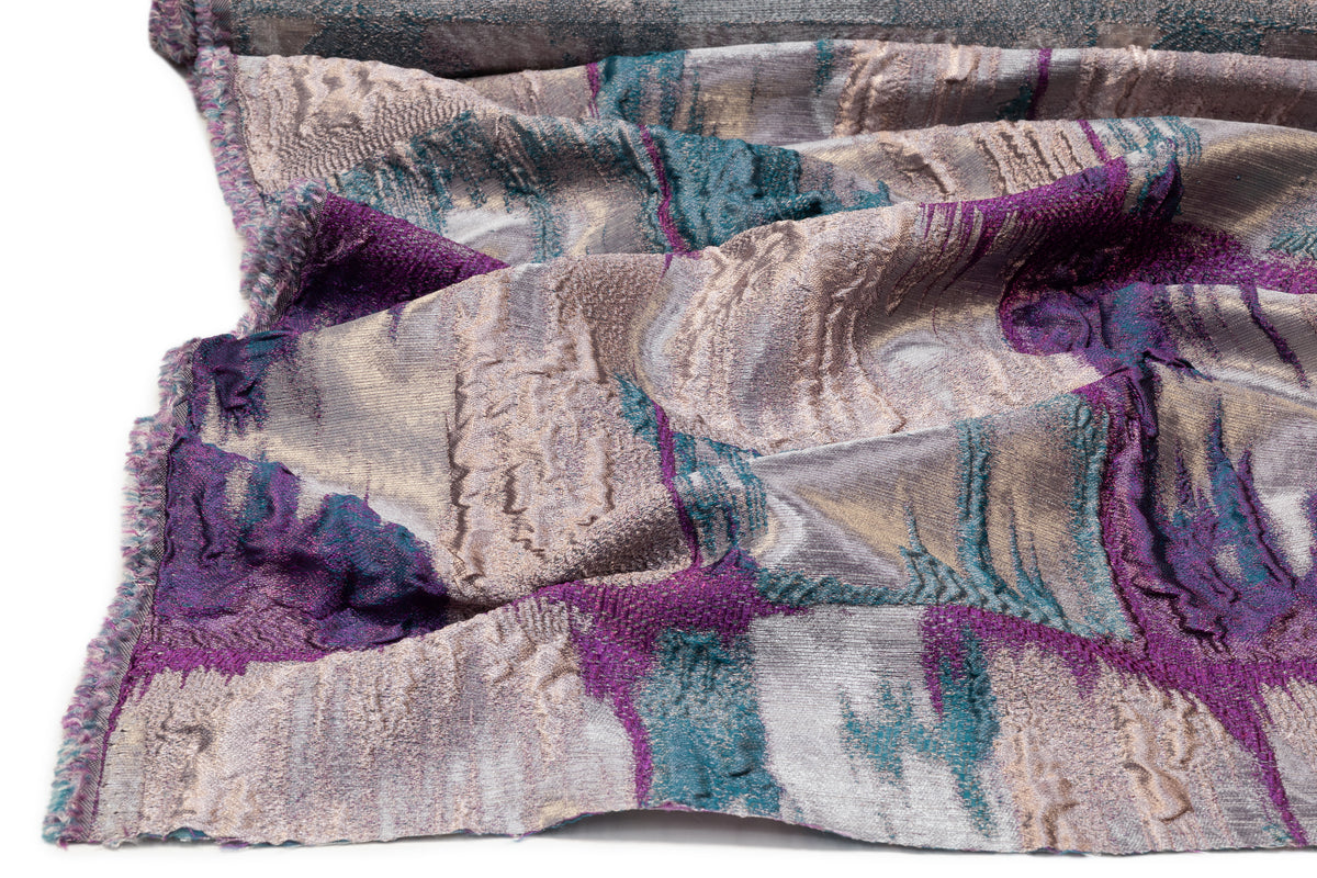 Abstract Checked Metallic Italian Brocade - Silver / Purple / Teal