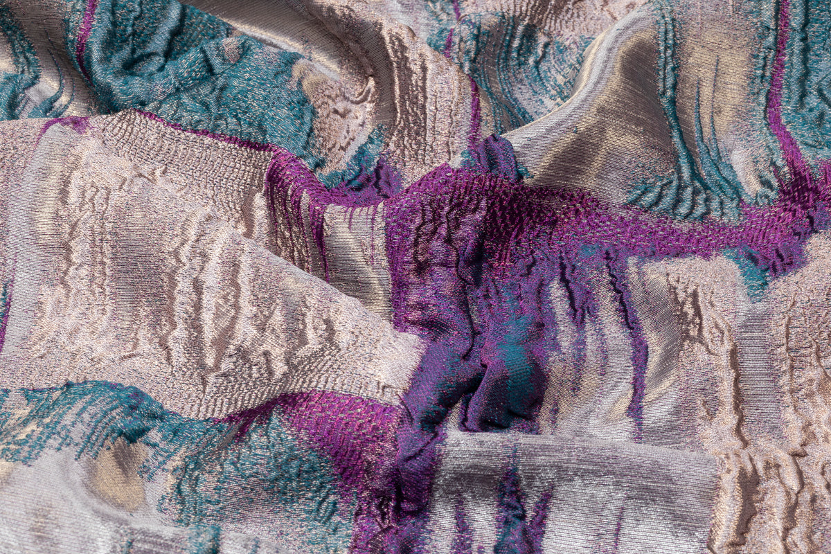 Abstract Checked Metallic Italian Brocade - Silver / Purple / Teal