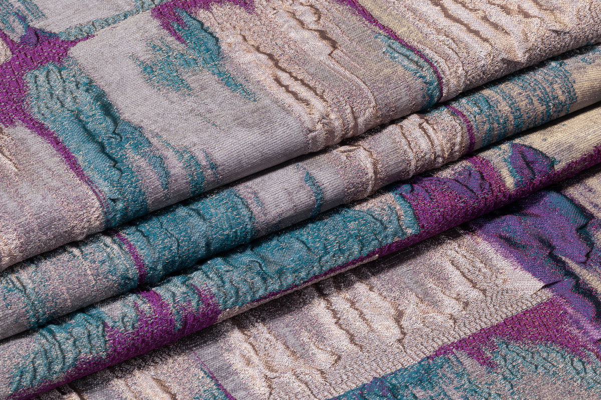 Abstract Checked Metallic Italian Brocade - Silver / Purple / Teal