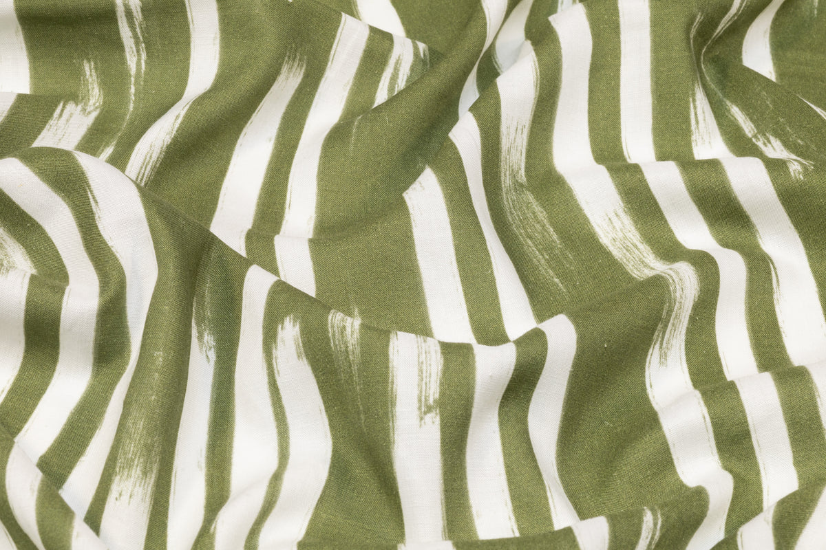 Streaked Italian Viscose Linen Blend - Olive Green / White