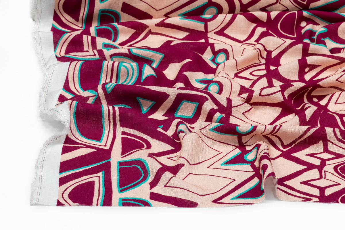 Abstract Geometric Italian Viscose Linen Blend - Blush / Plum / Turquoise