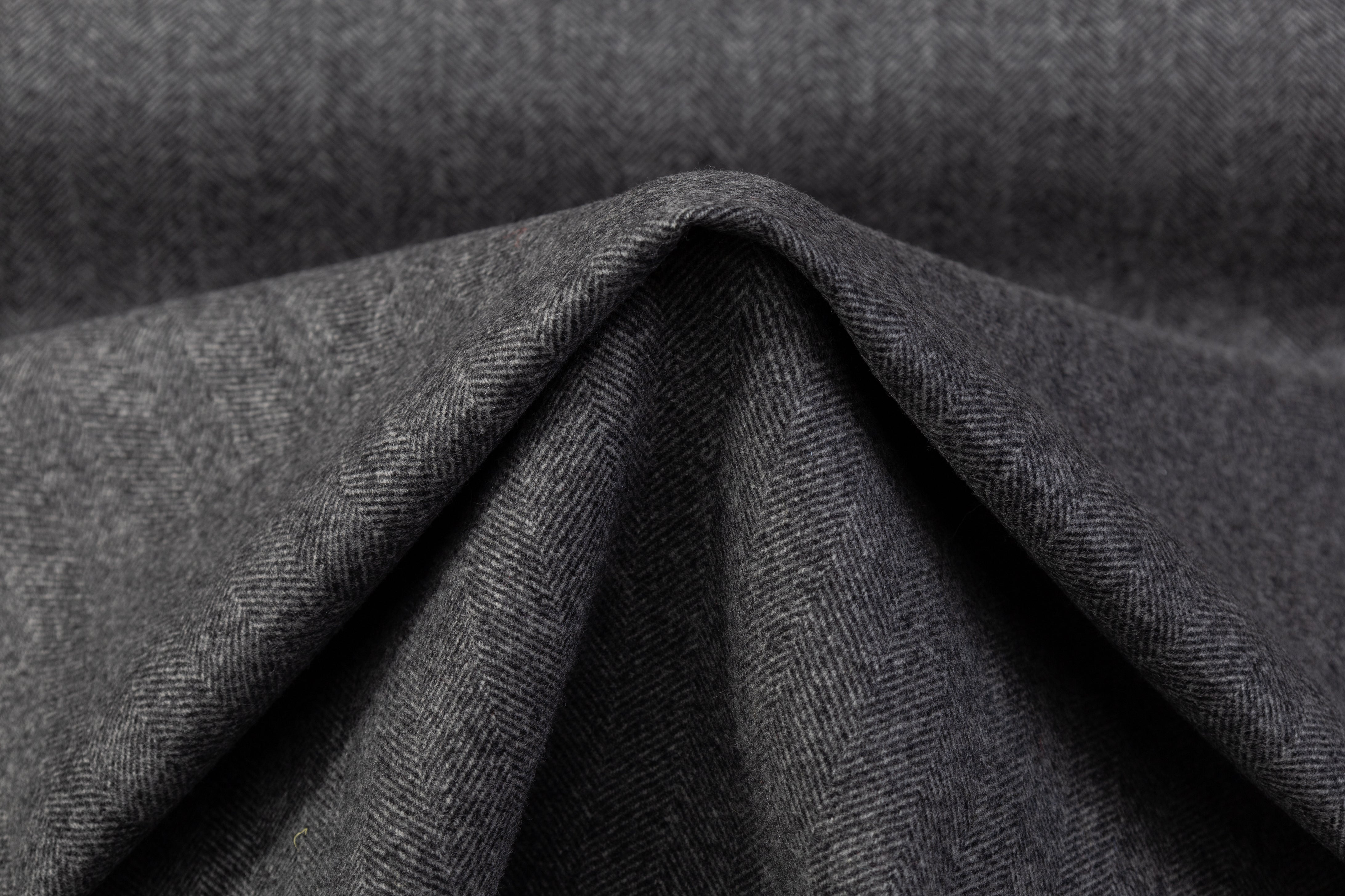 Double Faced Herringbone Cashmere Wool Coating - Charcoal Gray