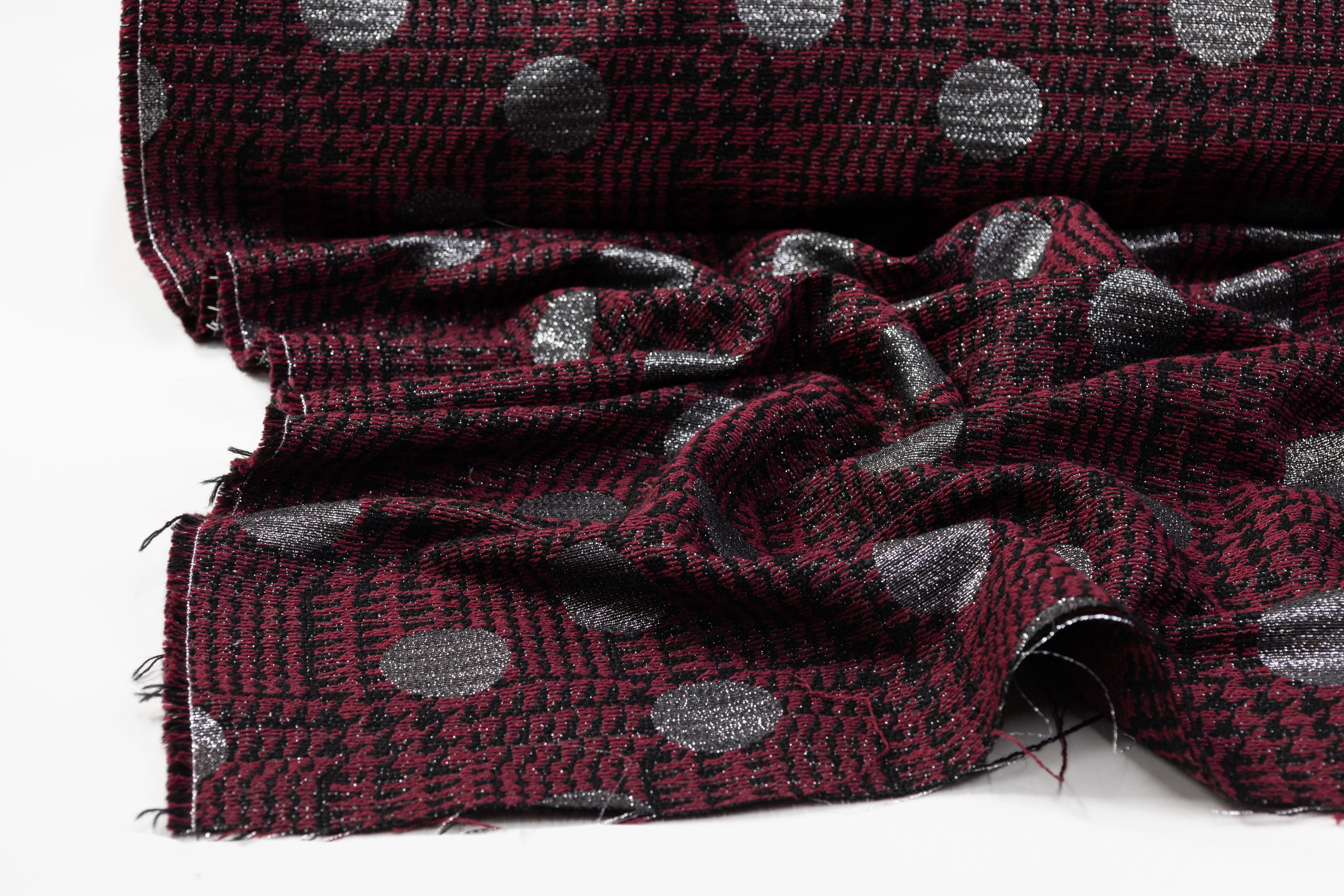 Metallic Houndstooth Cotton Wool Brocade - Burgundy