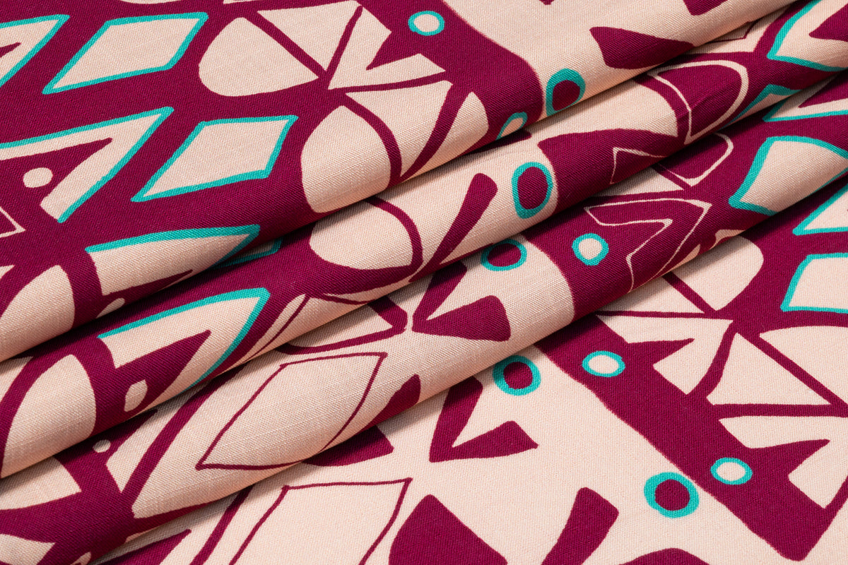 Abstract Geometric Italian Viscose Linen Blend - Blush / Plum / Turquoise