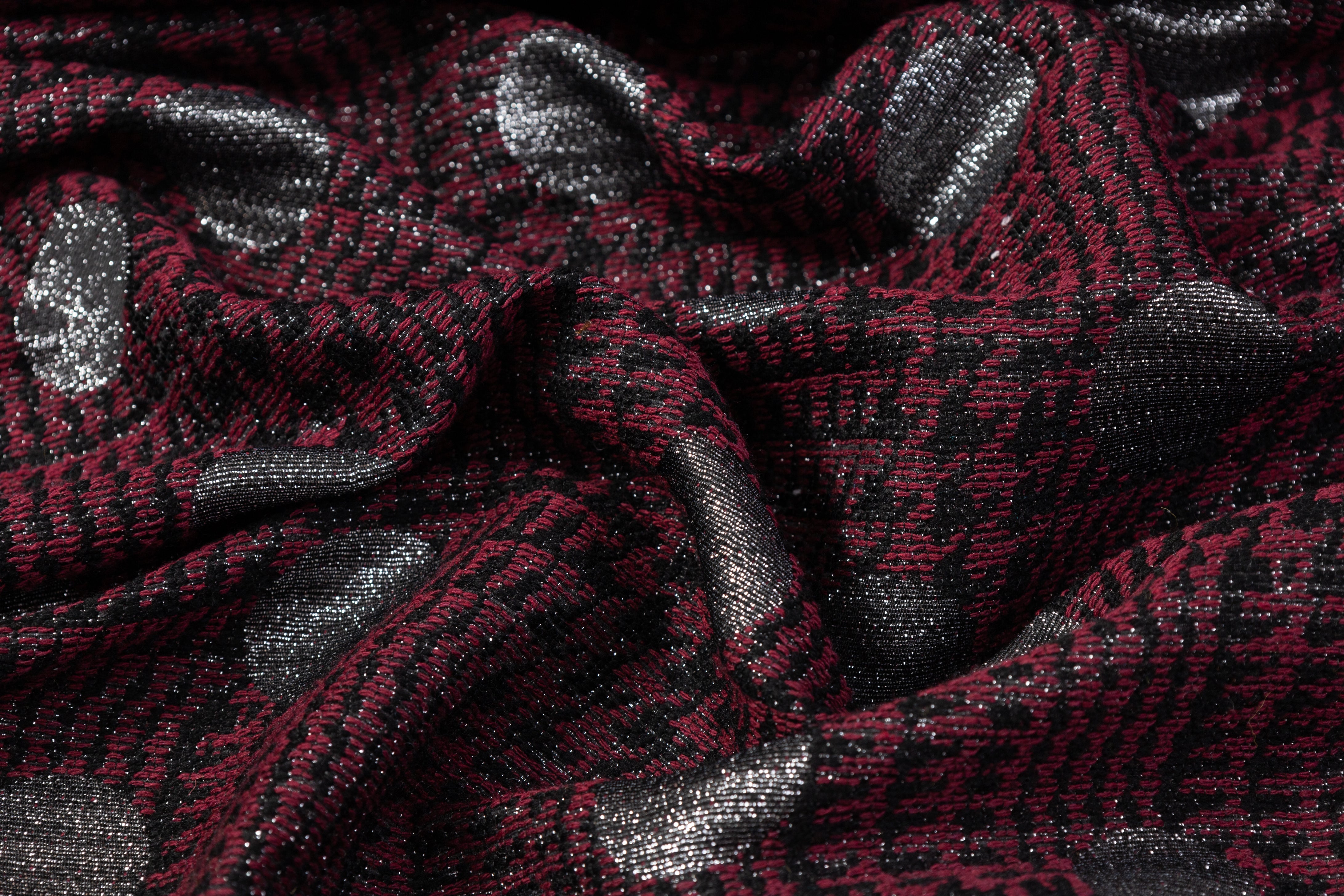 Metallic Houndstooth Cotton Wool Brocade - Burgundy