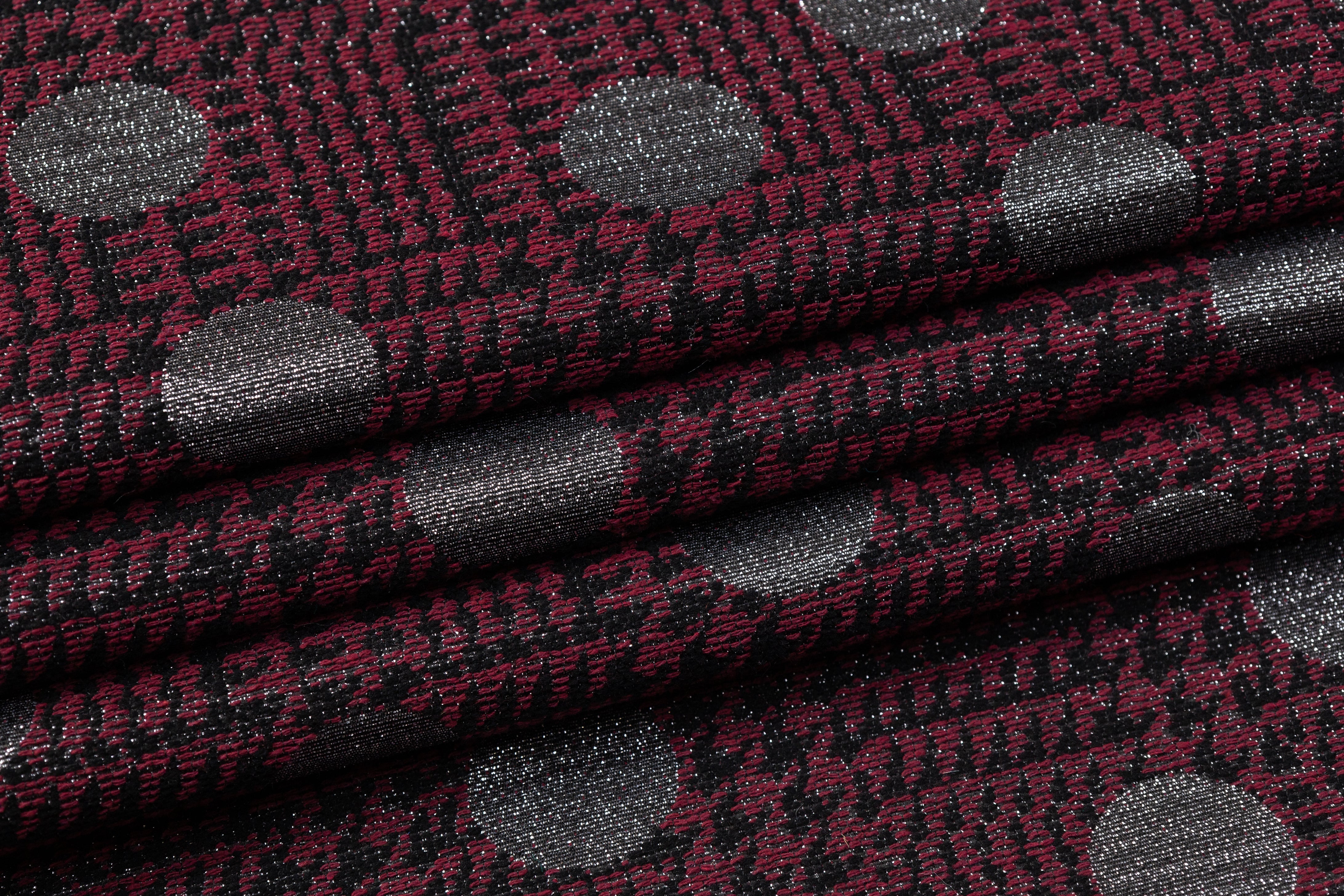Metallic Houndstooth Cotton Wool Brocade - Burgundy