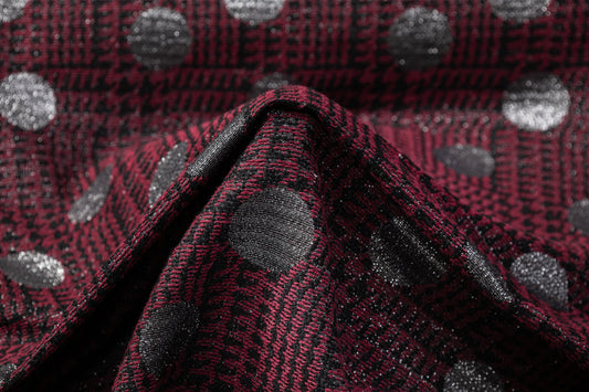 Metallic Houndstooth Cotton Wool Brocade - Burgundy