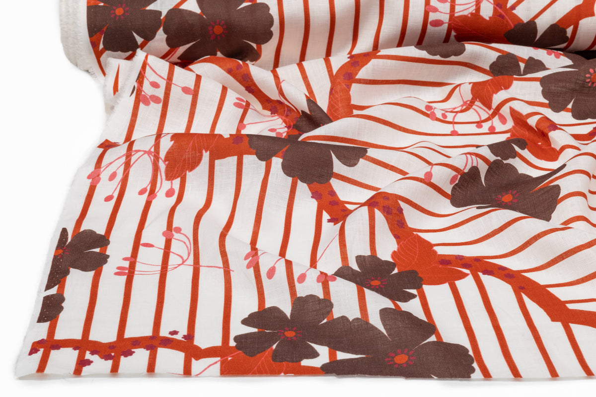 Floral Italian Linen - Rust / Brown / White