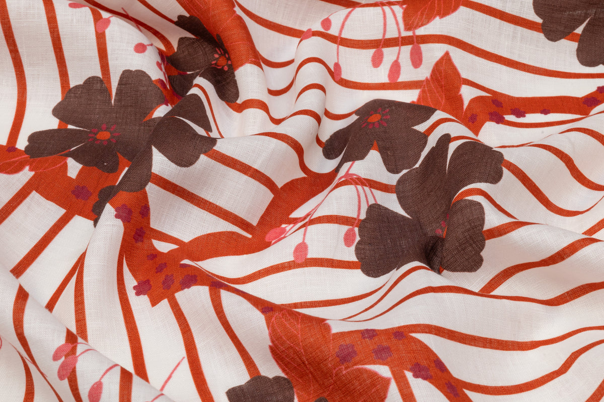 Floral Italian Linen - Rust / Brown / White