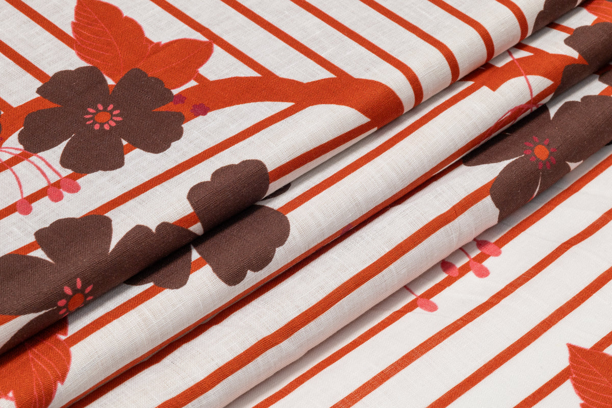 Floral Italian Linen - Rust / Brown / White