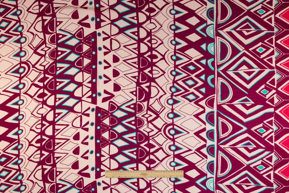Abstract Geometric Italian Viscose Linen Blend - Blush / Plum / Turquoise