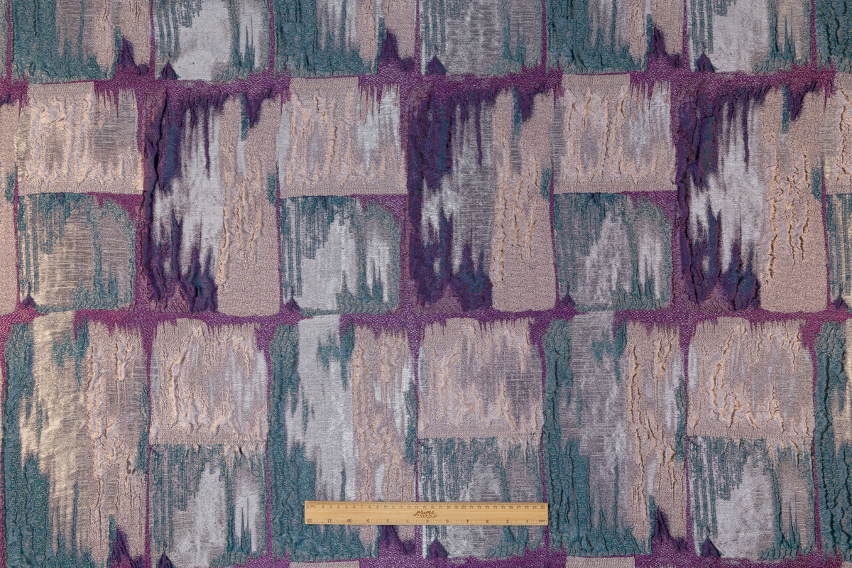 Abstract Checked Metallic Italian Brocade - Silver / Purple / Teal