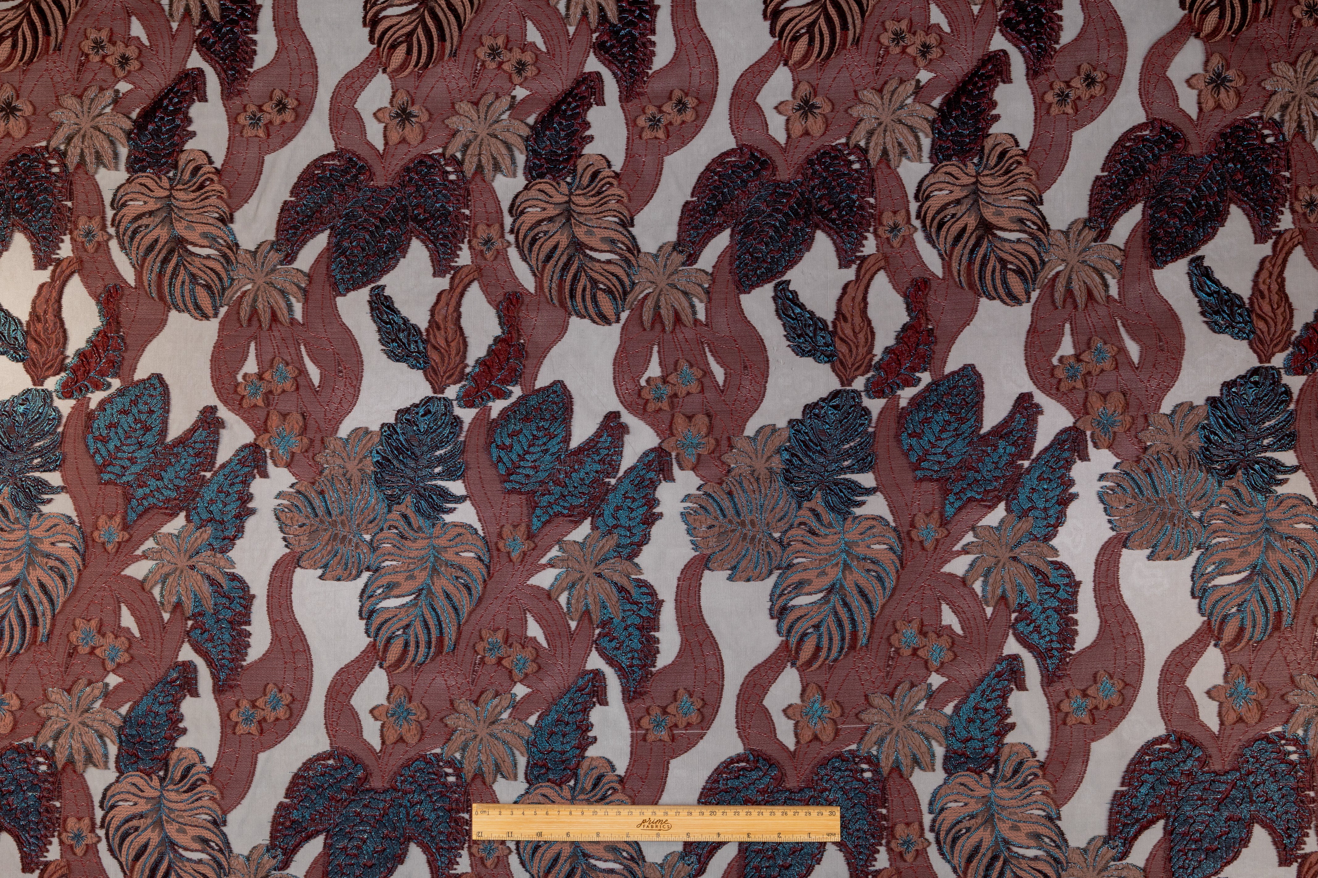 Floral Metallic Italian Organza Fil Coupé - Burgundy / Black / Blue