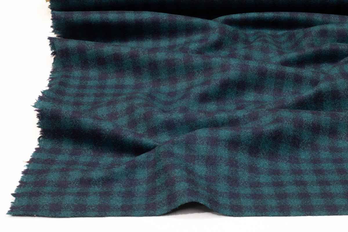 Checked Italian Felted Wool Blend - Teal / Navy Blue