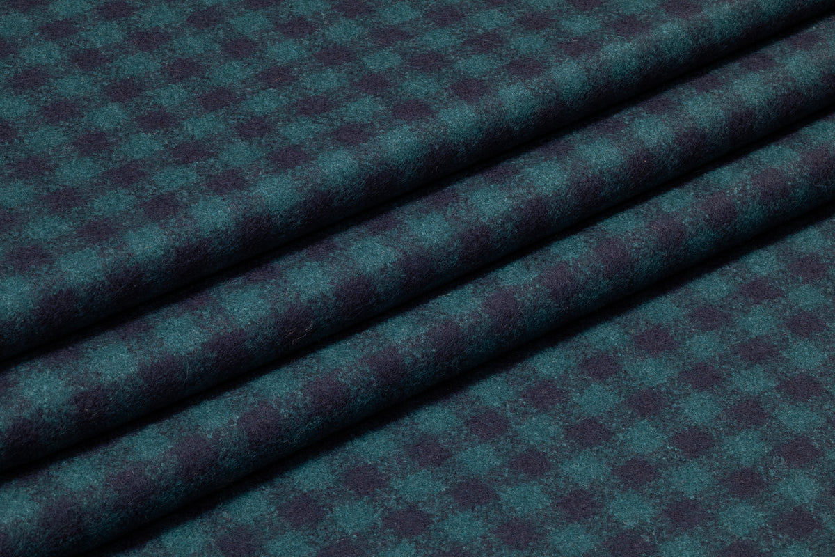 Checked Italian Felted Wool Blend - Teal / Navy Blue