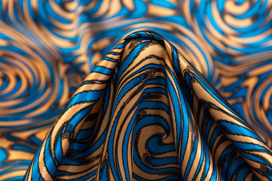 Abstract Italian Silk Charmeuse - Blue / Peach