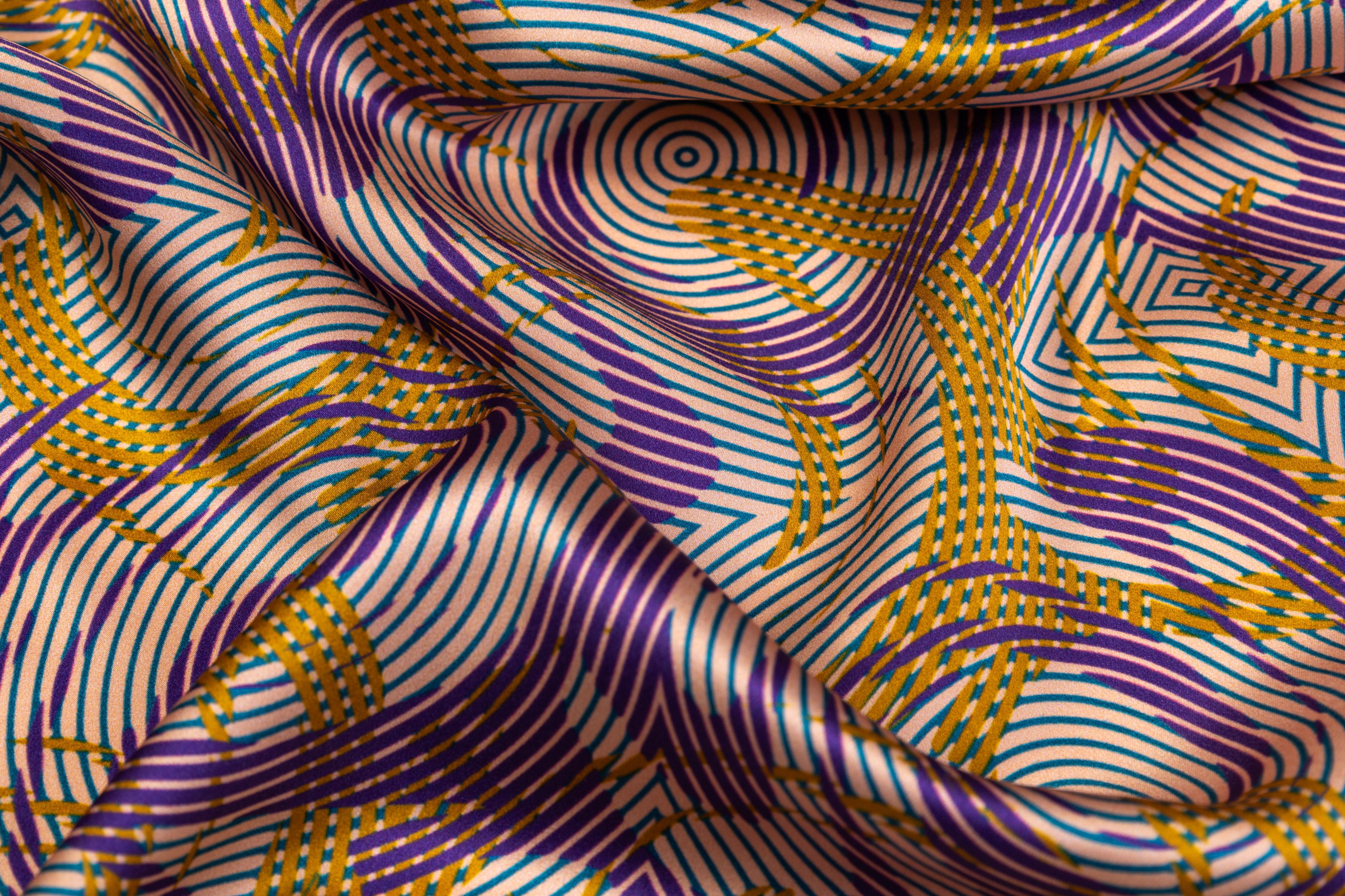 Abstract Italian Silk Charmeuse - Purple / Gold / Blue
