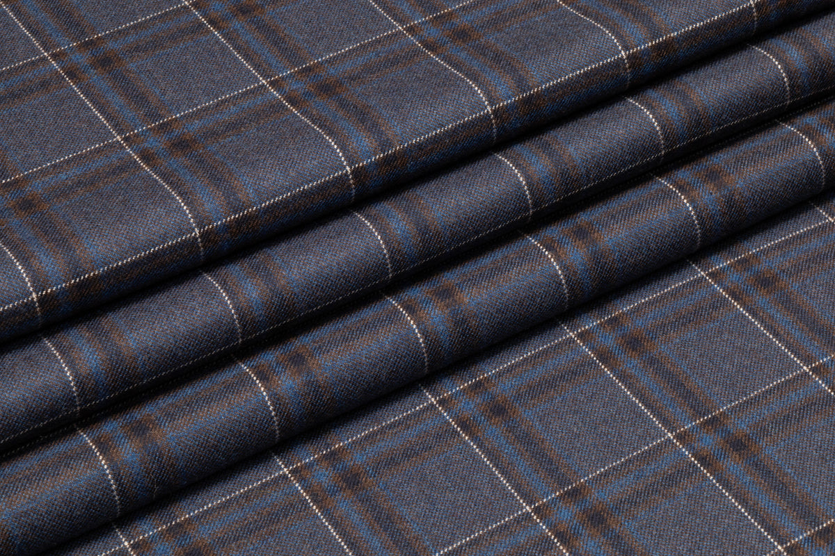 Plaid Italian Wool Suiting - Blue / Brown