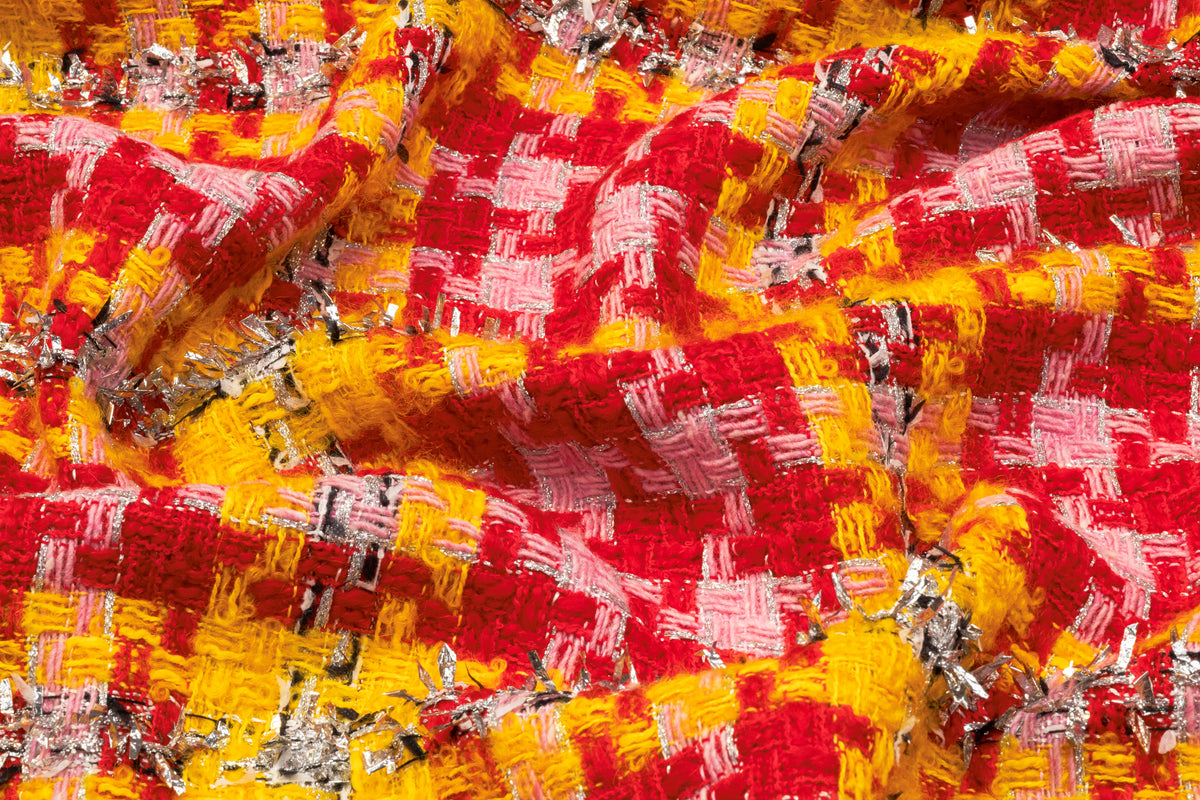 Houndstooth Metallic Italian Tweed - Red / Yellow / Pink / Silver