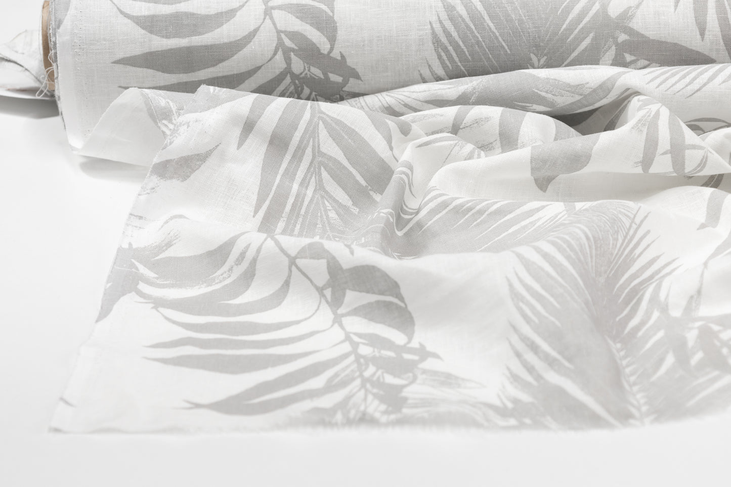 Leaf Print Italian Linen - White / Gray