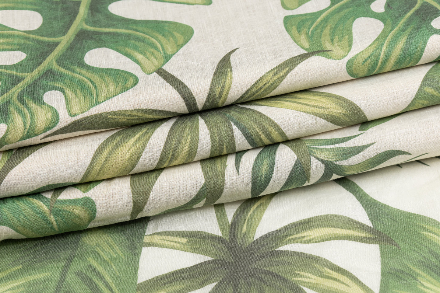 Leaf Print Italian Linen - Green / Off White