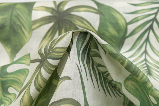 Leaf Print Italian Linen - Green / Off White