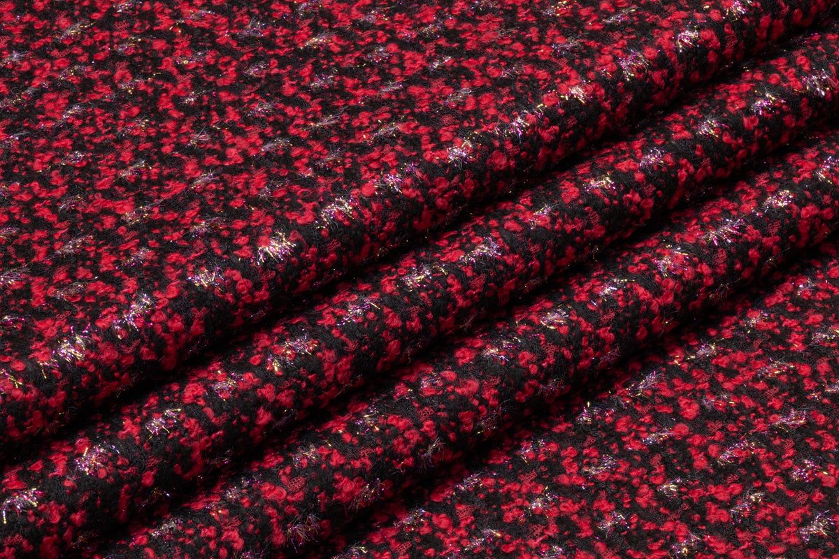 Metallic Italian Wool Blend Tweed Bouclé - Berry Red