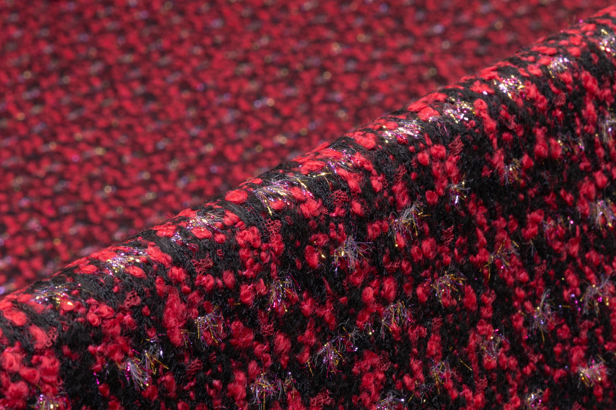 Metallic Italian Wool Blend Tweed Bouclé - Berry Red