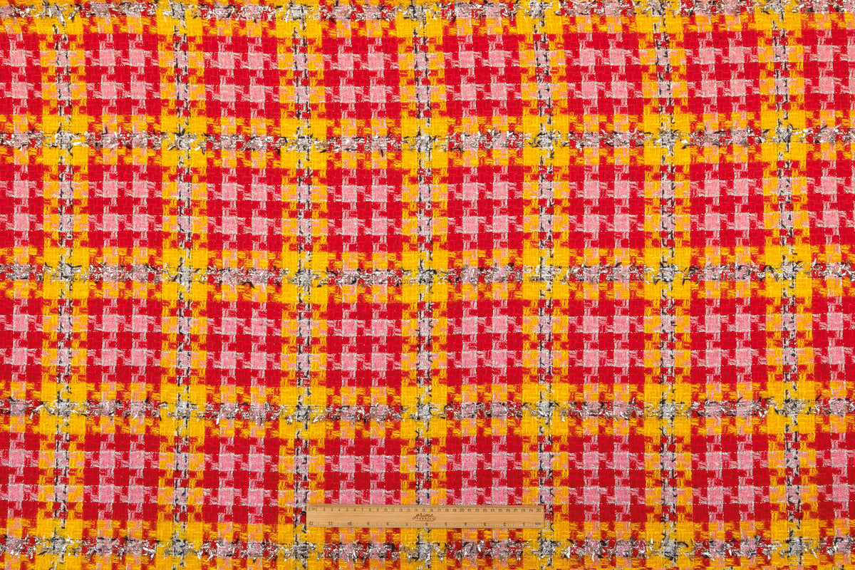 Houndstooth Metallic Italian Tweed - Red / Yellow / Pink / Silver