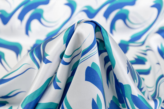 Abstract Italian Silk Charmeuse - Blue / Teal / White