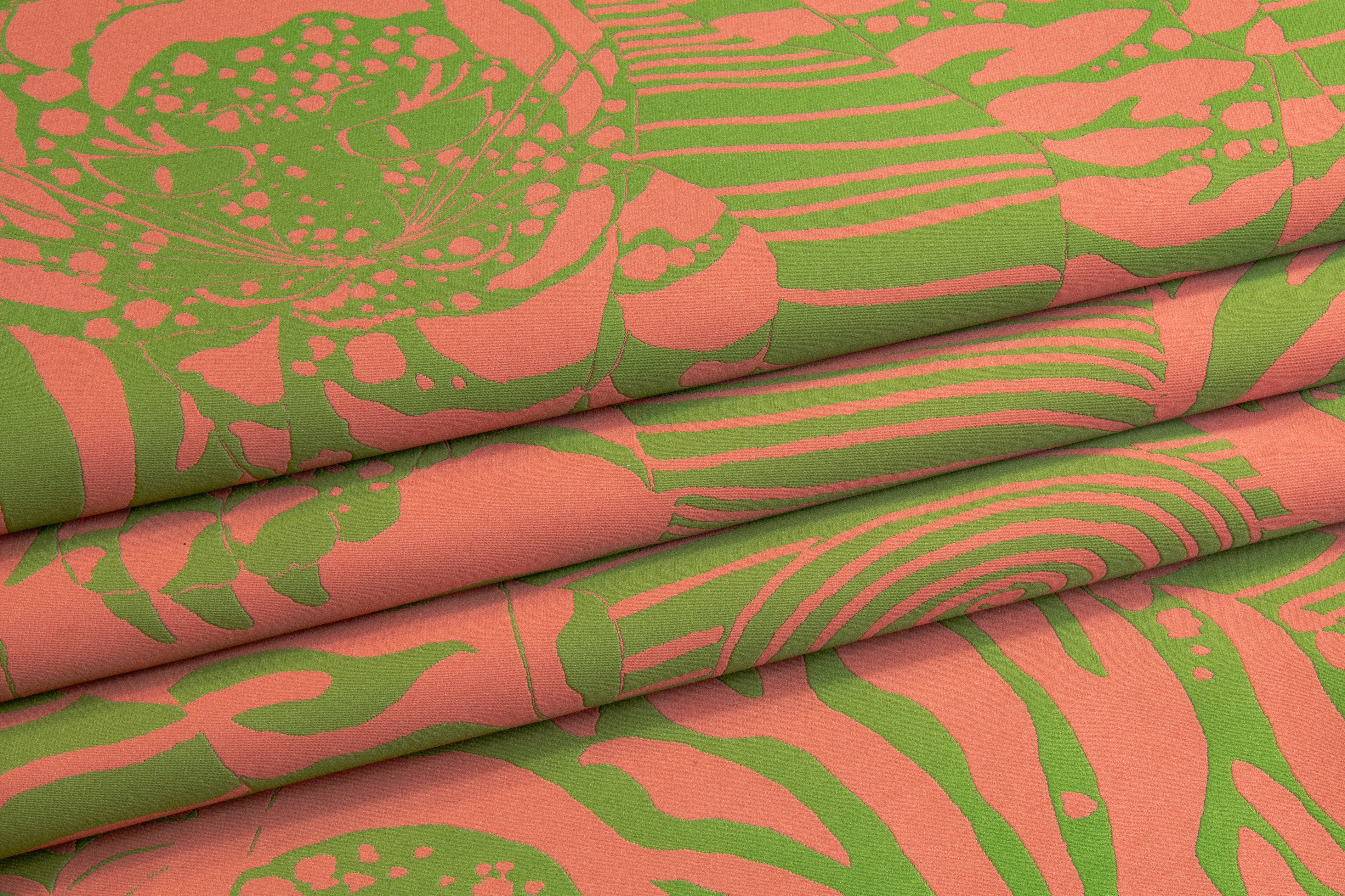 Abstract Tiger Italian Silk Blend Brocade - Green / Coral Pink