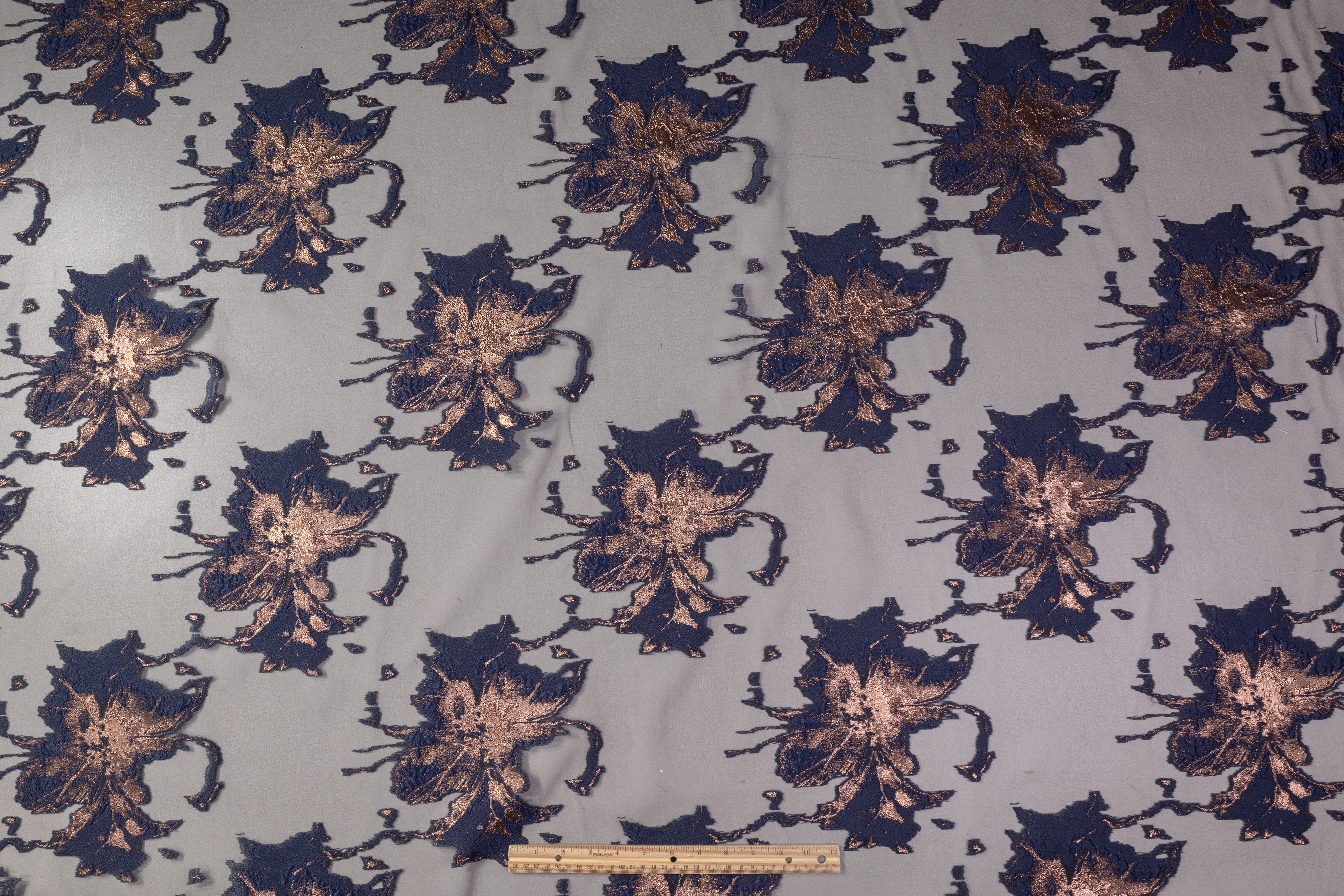 Floral Metallic Organza Fil Coupé - Navy / Bronze