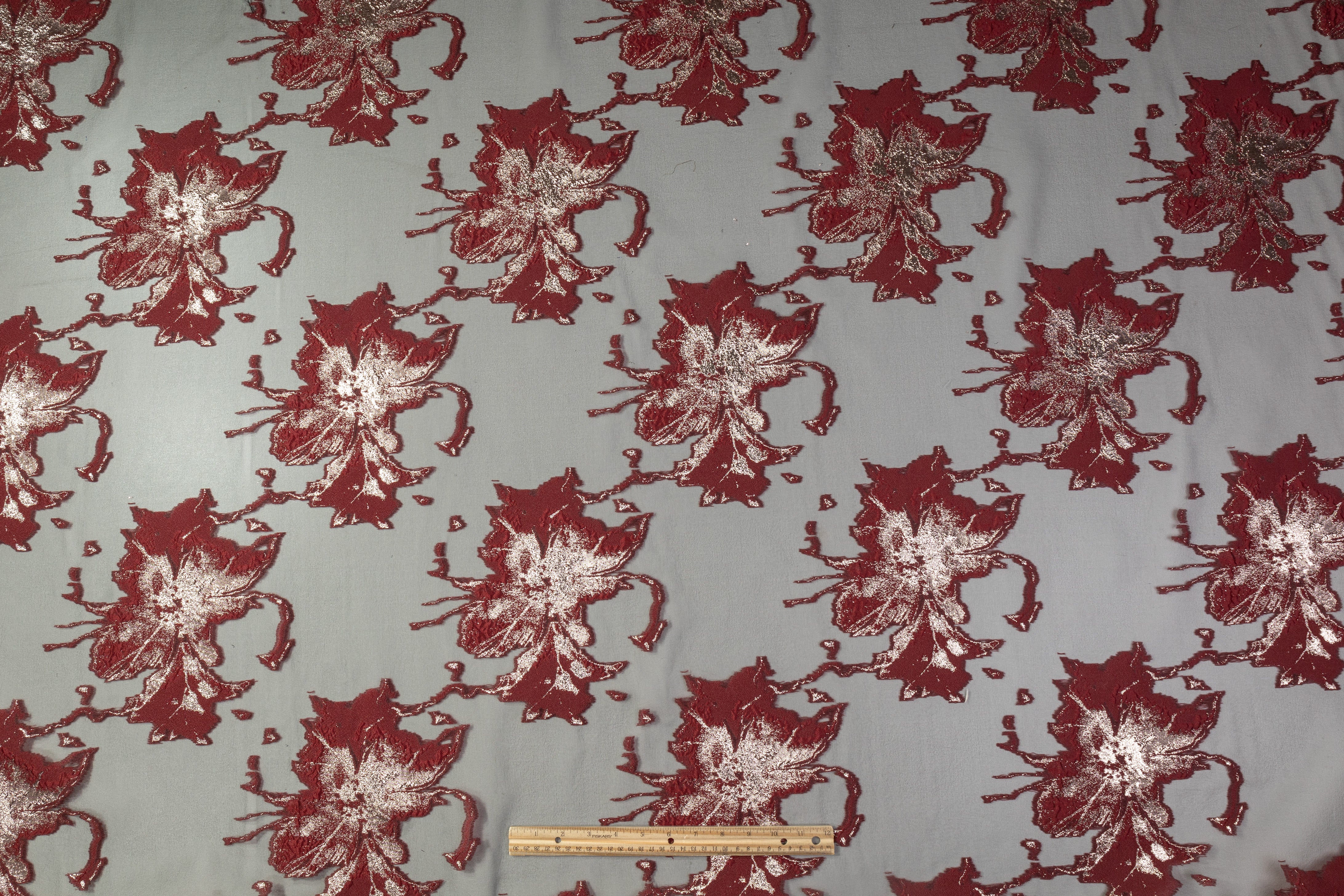 Floral Metallic Organza Fil Coupé - Burgundy / Gold