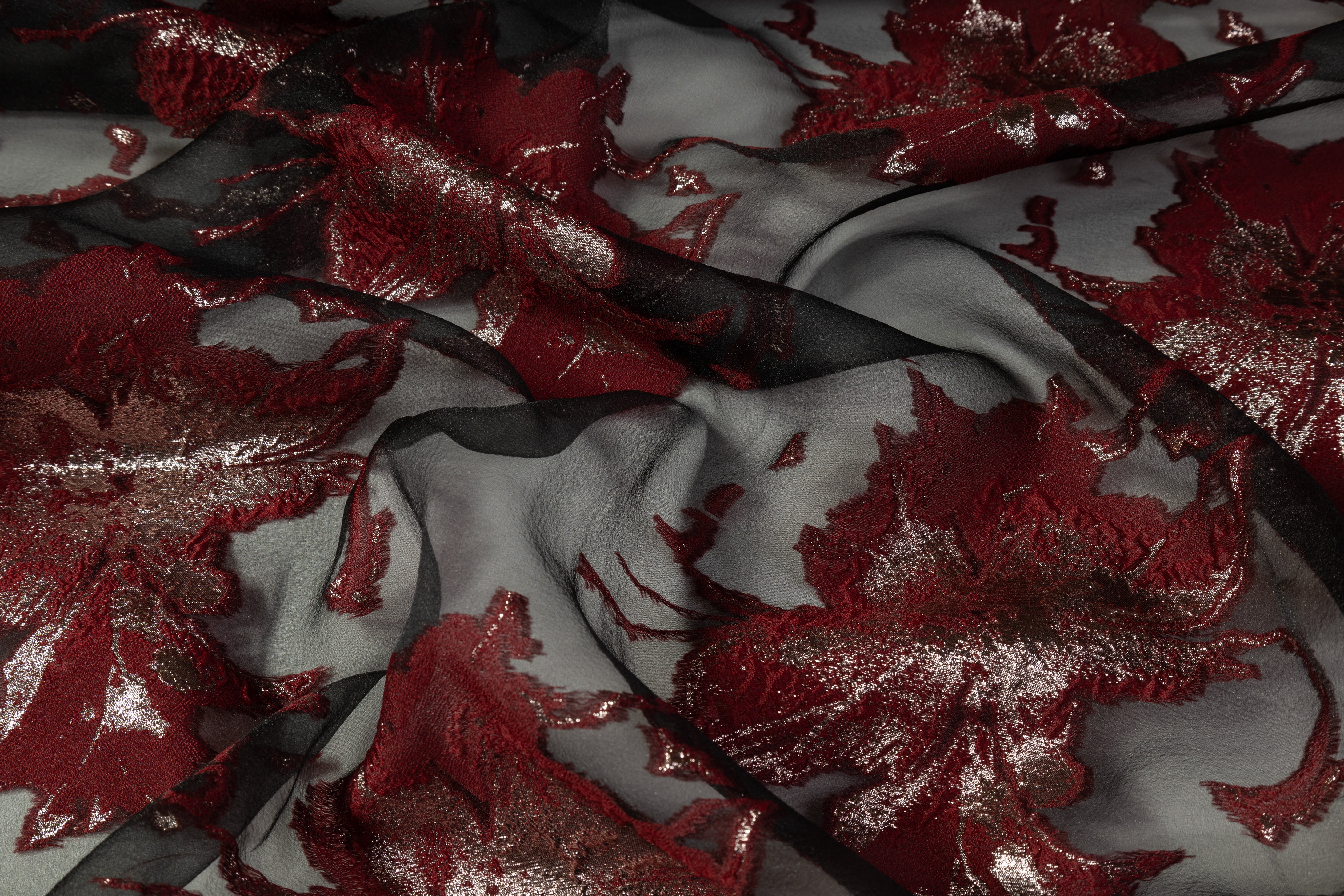 Floral Metallic Organza Fil Coupé - Burgundy / Gold