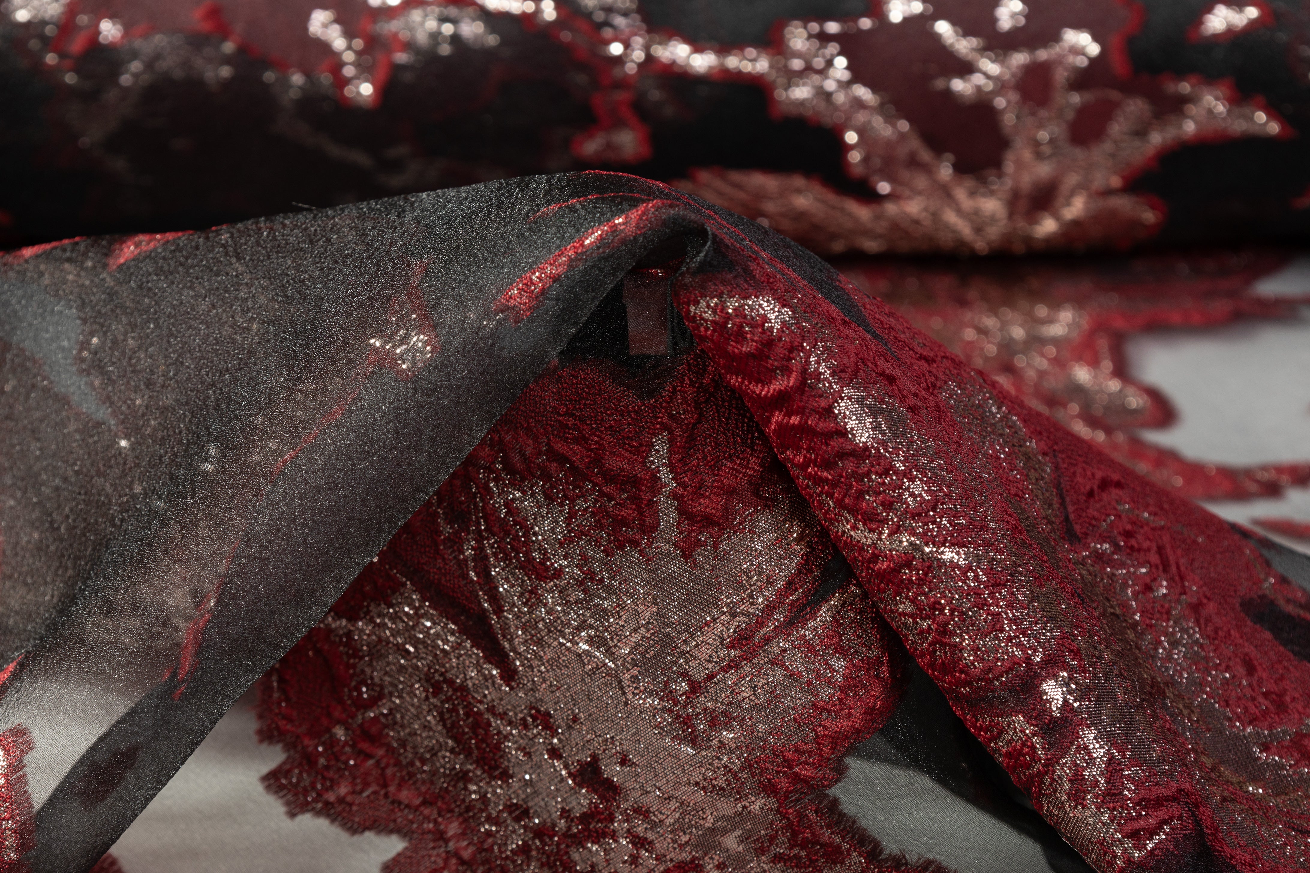 Floral Metallic Organza Fil Coupé - Burgundy / Gold