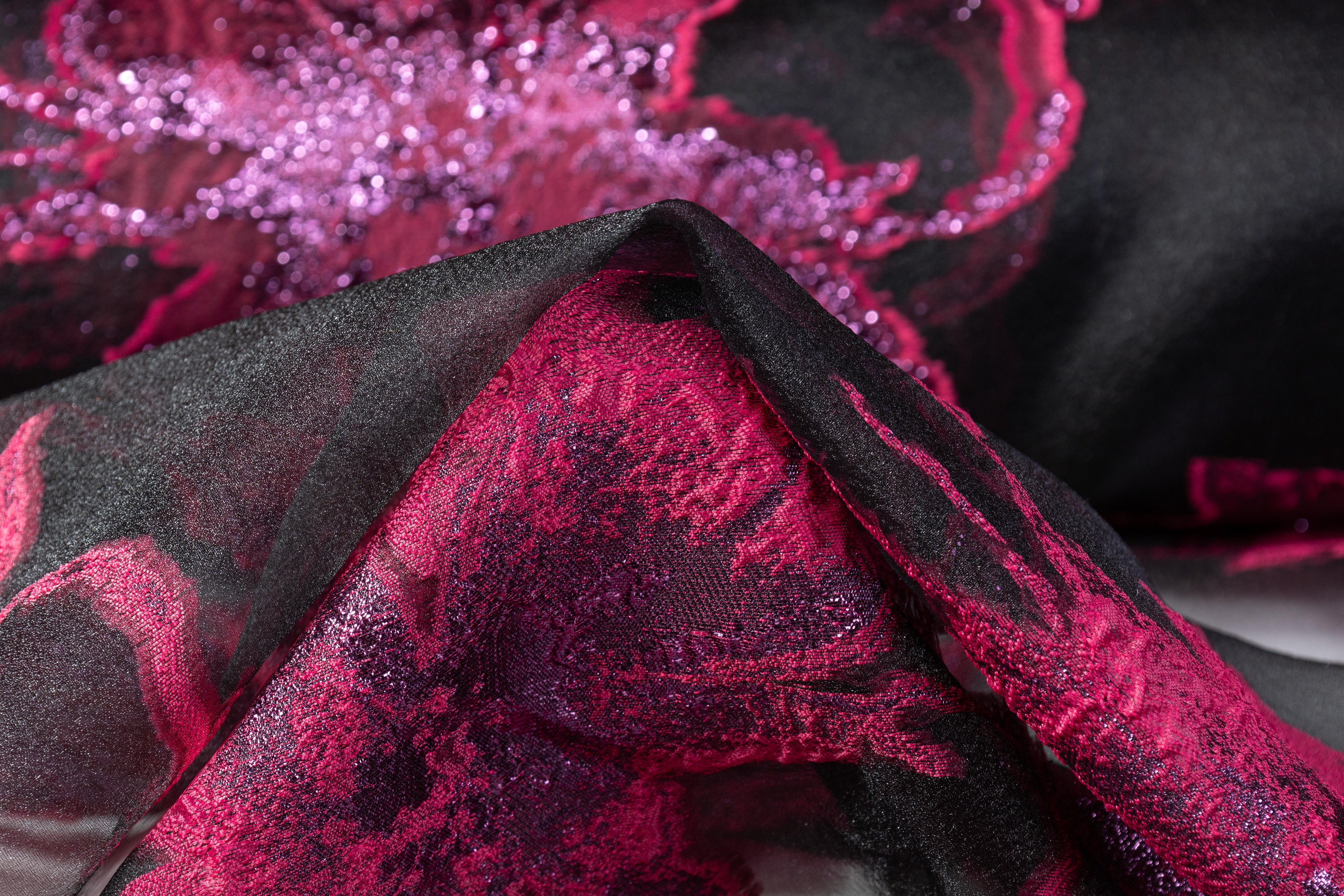 Floral Metallic Organza Fil Coupé - Black / Magenta