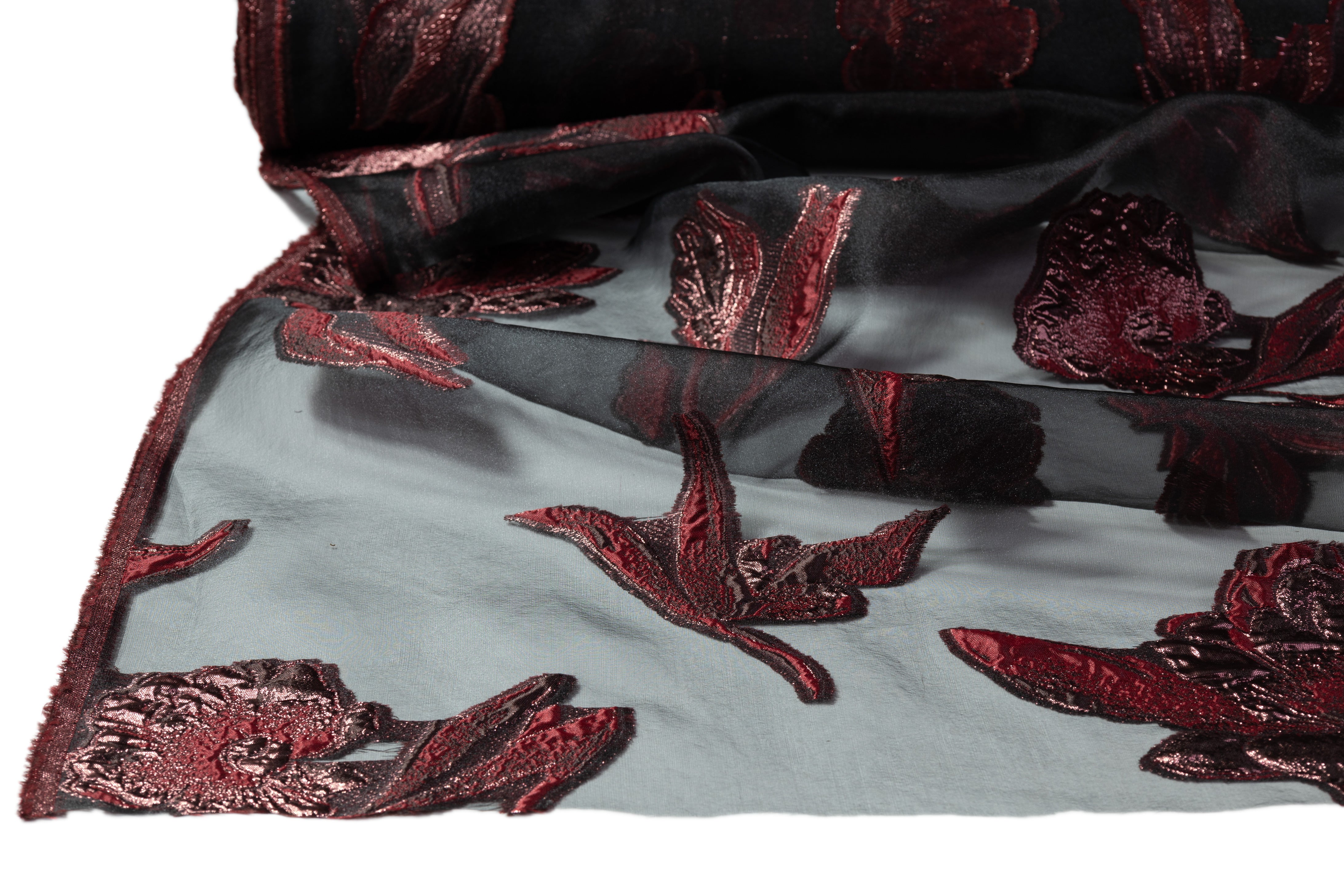 Floral Metallic Organza Fil Coupé - Burgundy / Black