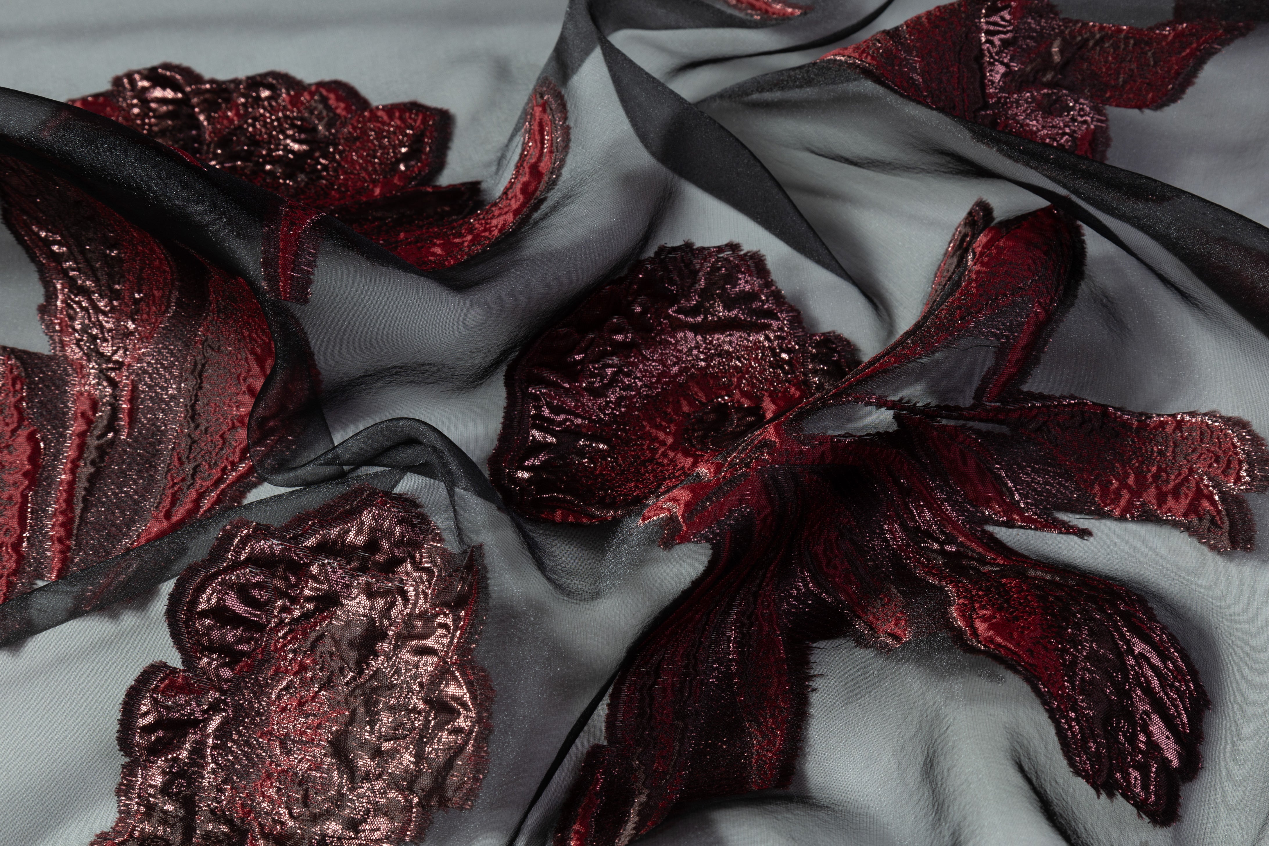 Floral Metallic Organza Fil Coupé - Burgundy / Black