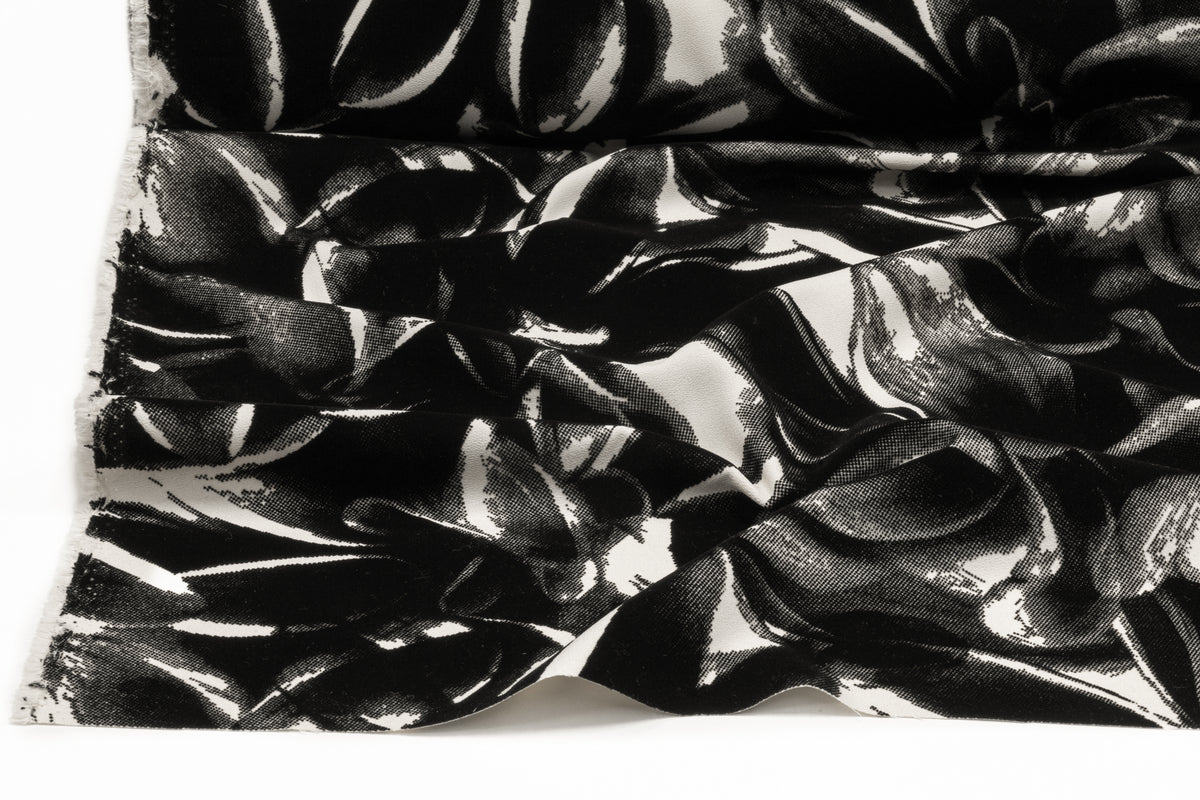 Floral Italian Flocked Crepe Back Satin - Black / Off White
