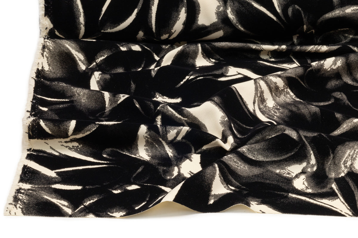 Floral Italian Flocked Crepe Back Satin - Black / Ivory