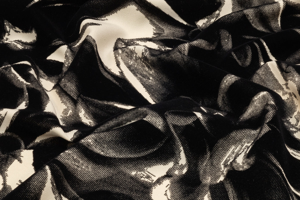 Floral Italian Flocked Crepe Back Satin - Black / Ivory