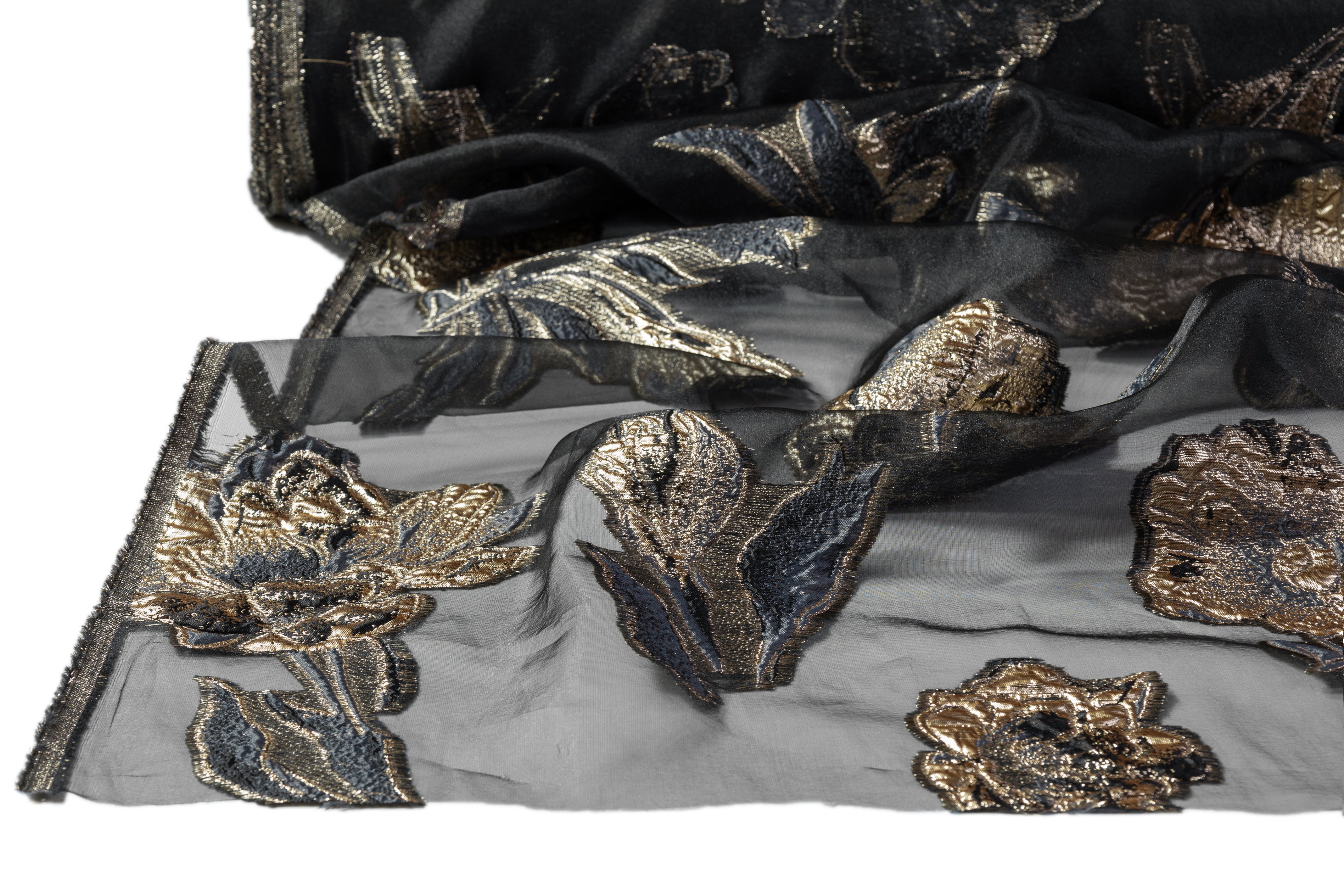 Floral Metallic Organza Fil Coupé - Navy / Gold / Black